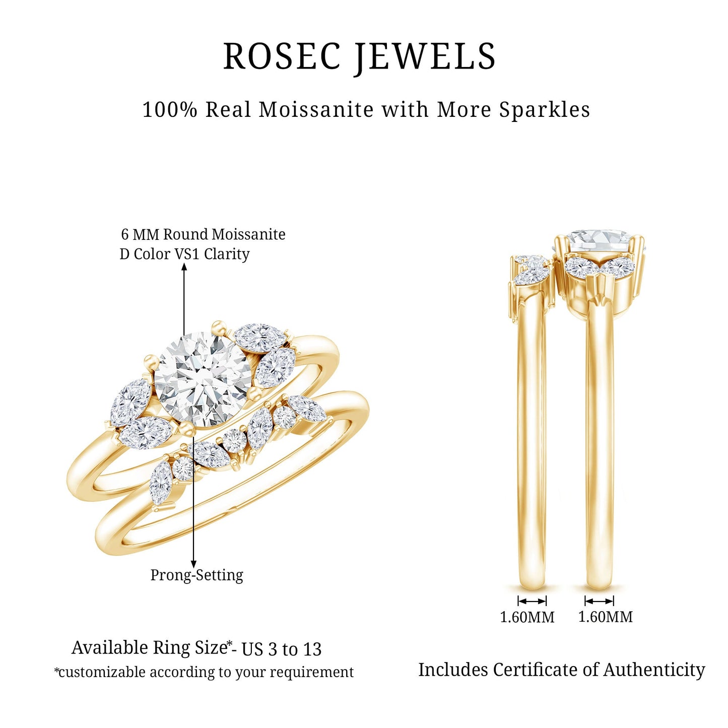Round Cut Moissanite Bridal Ring Set with Certificate