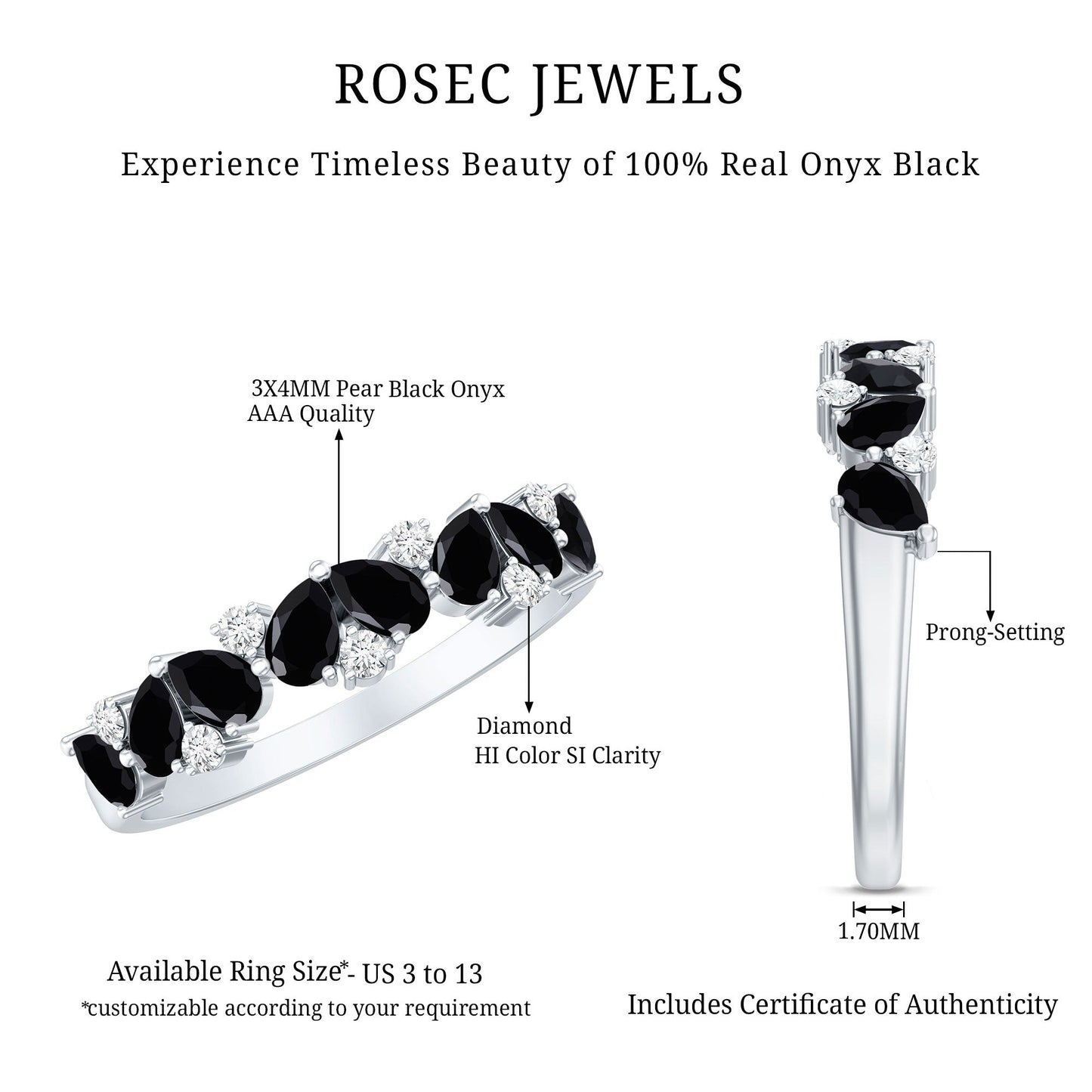 Natural Black Onyx and Diamond Half Eternity Band Ring