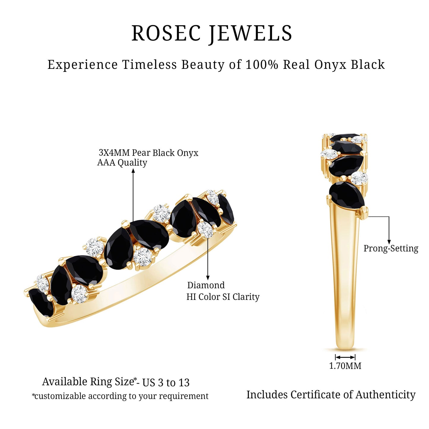 Natural Black Onyx and Diamond Half Eternity Band Ring