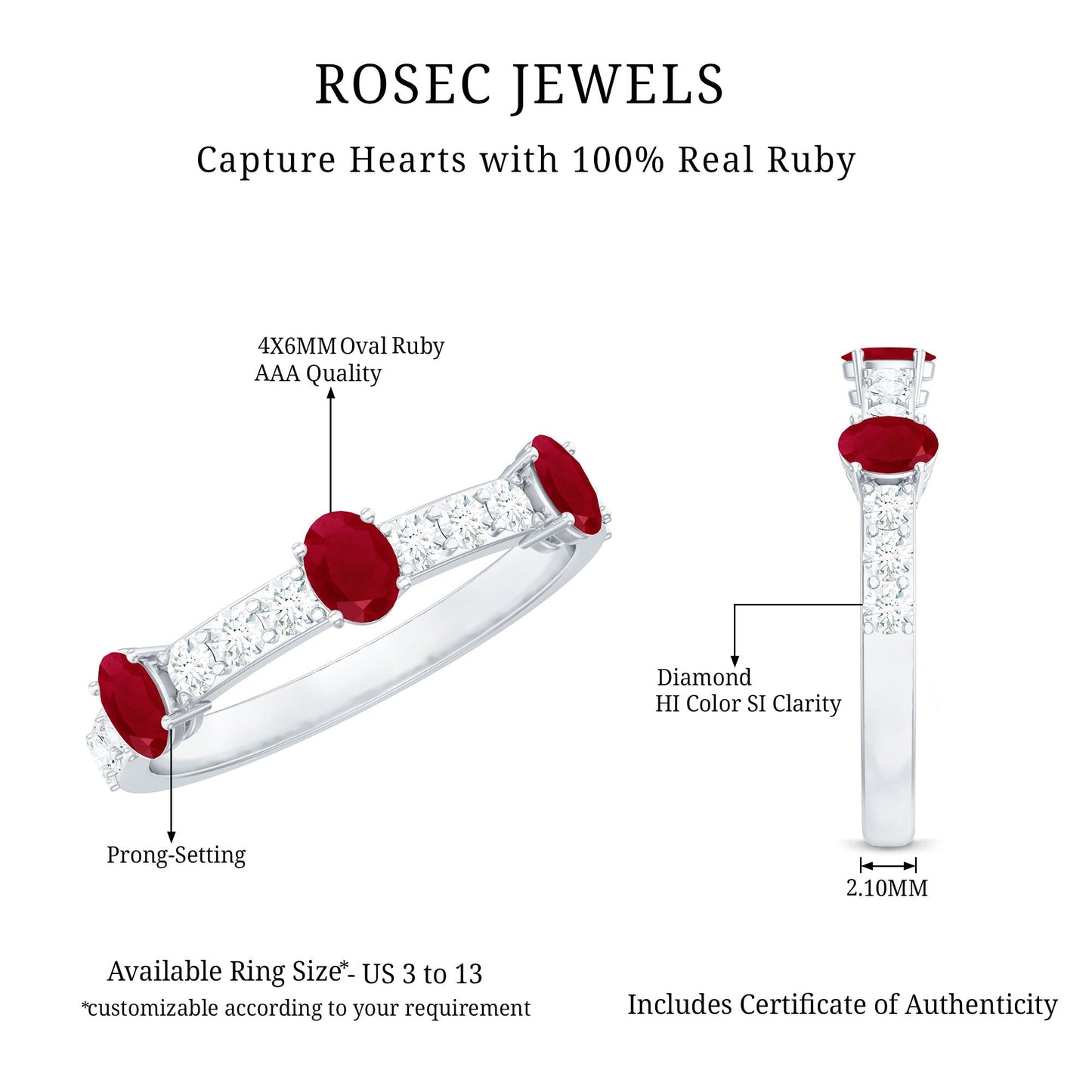 Natural Oval Ruby Half Eternity Ring with Diamond