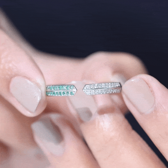 Contemporary Emerald and Diamond Open Wedding Band Ring