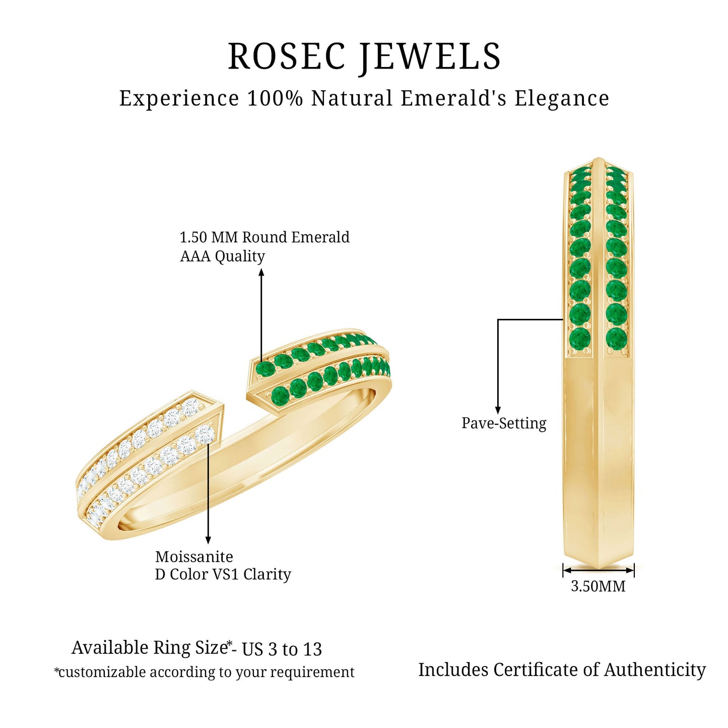 Contemporary Emerald and Diamond Open Wedding Band Ring