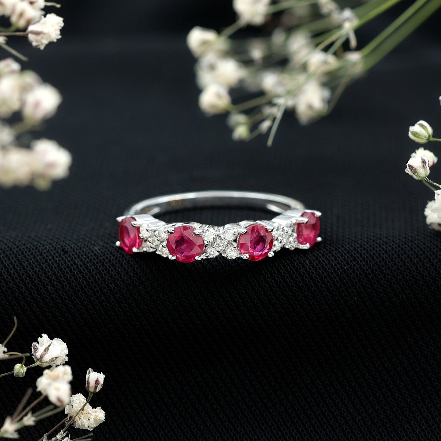 Natural Ruby Half Eternity Anniversary Band Ring with Diamond