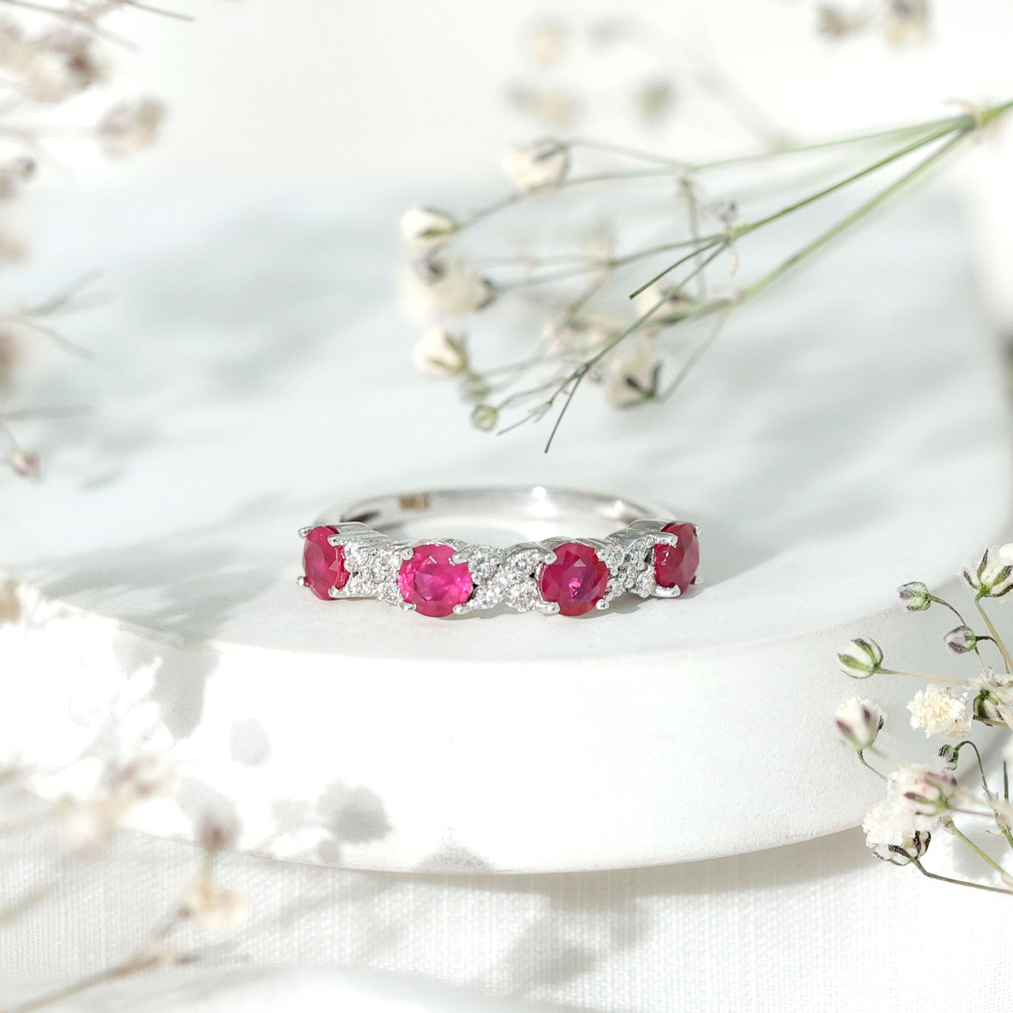 Natural Ruby Half Eternity Anniversary Band Ring with Diamond