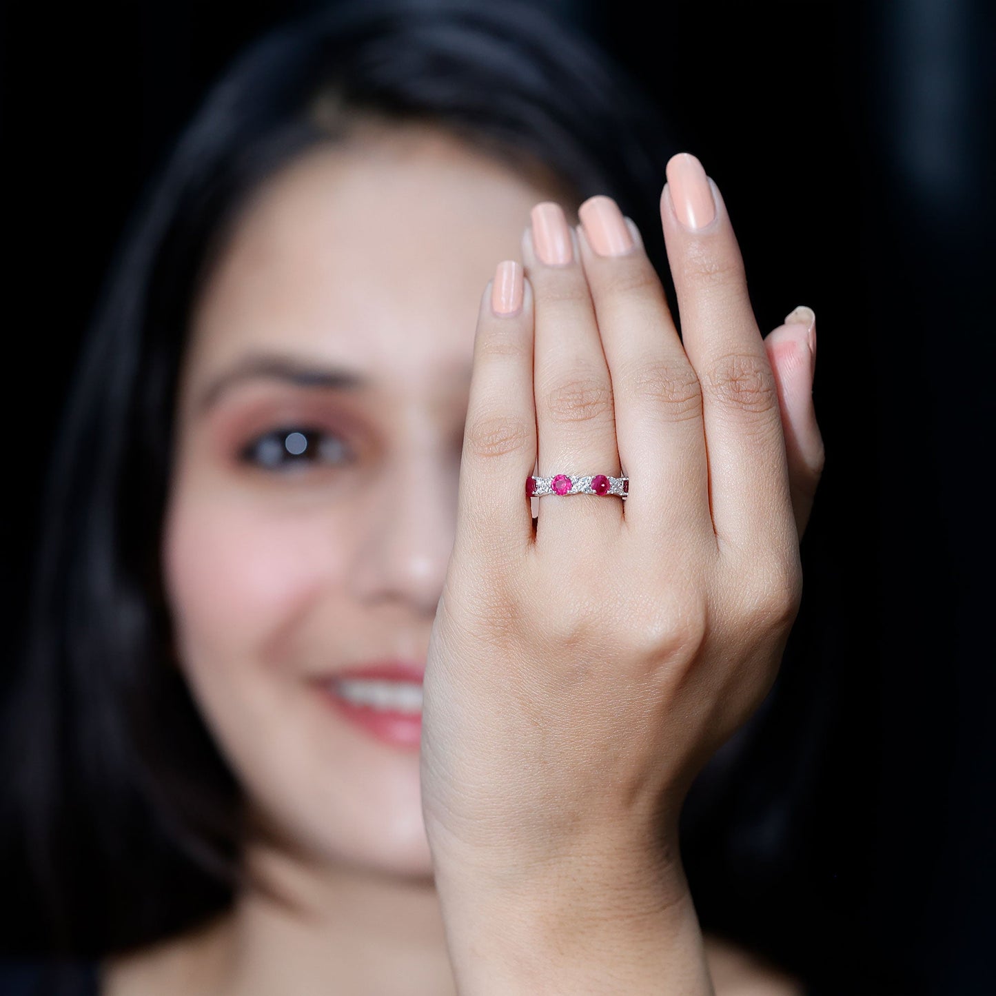 Natural Ruby Half Eternity Anniversary Band Ring with Diamond