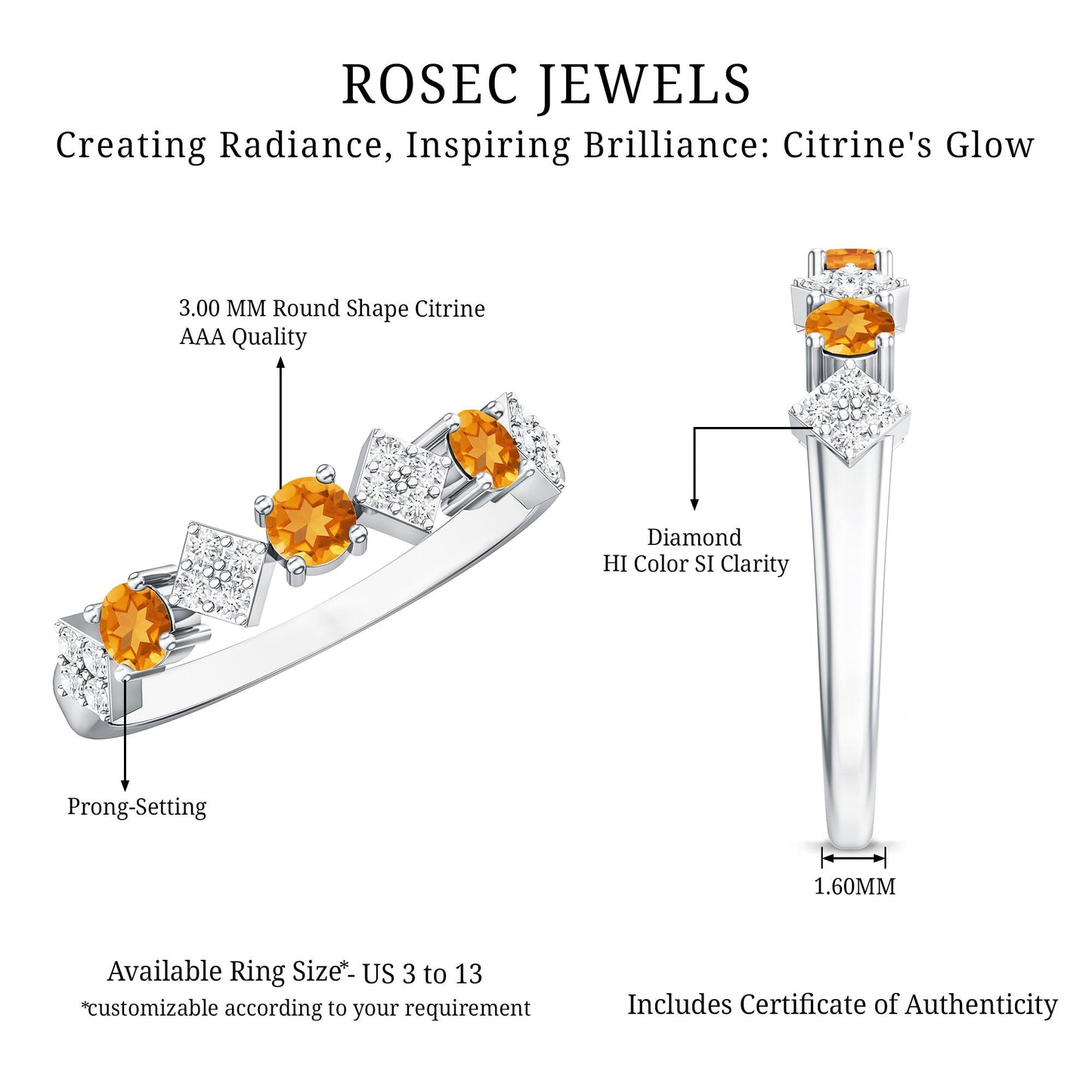 Natural Citrine and Diamond Half Eternity Band Ring