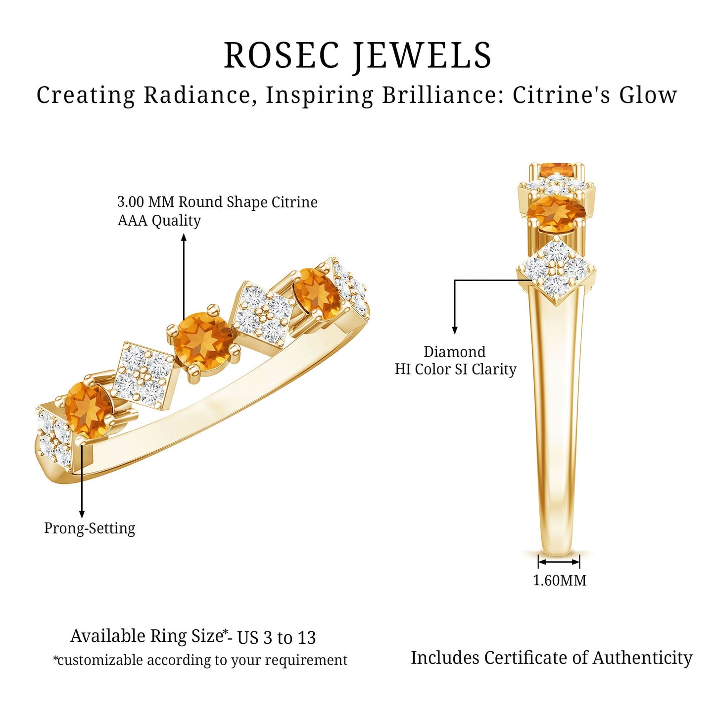 Natural Citrine and Diamond Half Eternity Band Ring