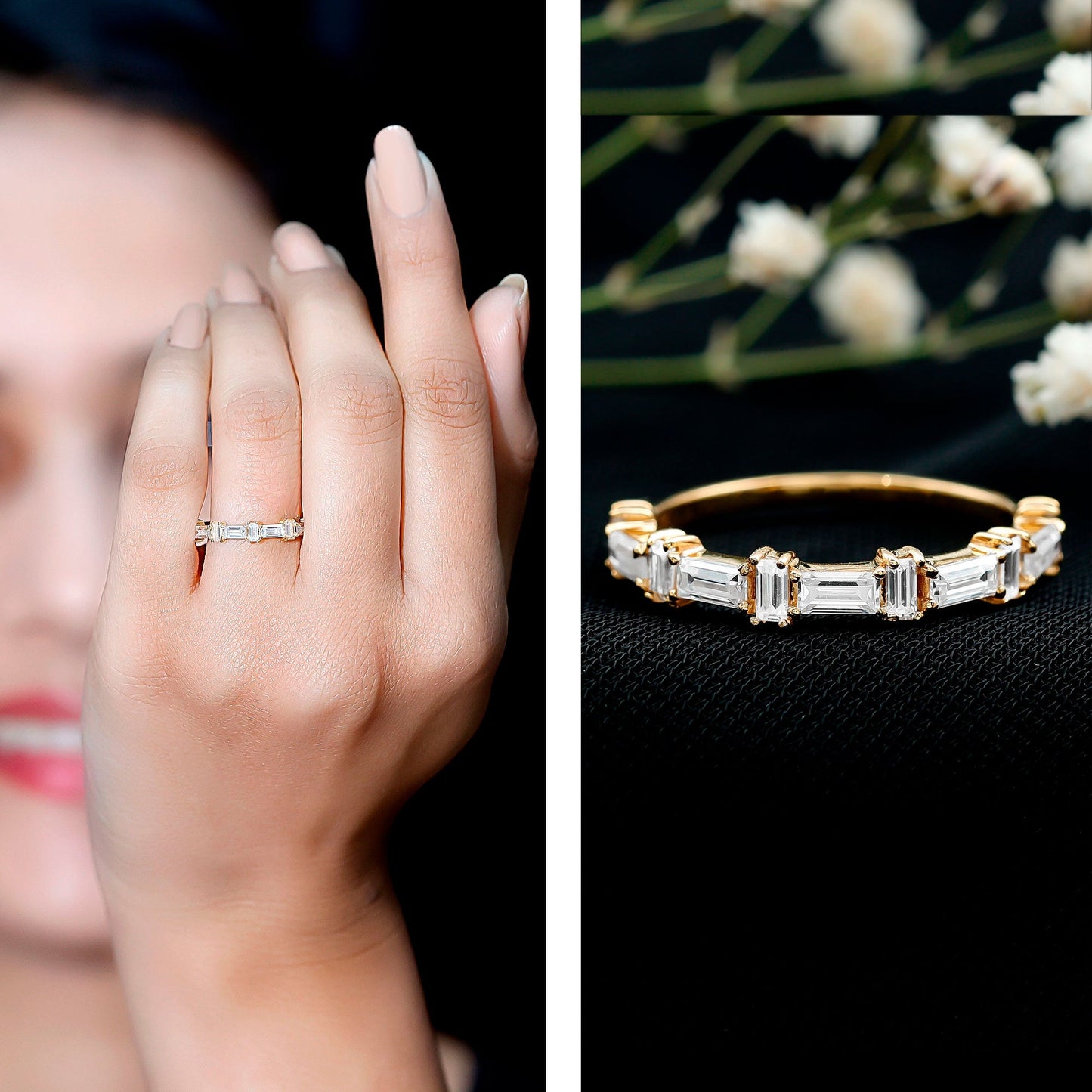Baguette Cut Moissanite Designer Half Eternity Ring