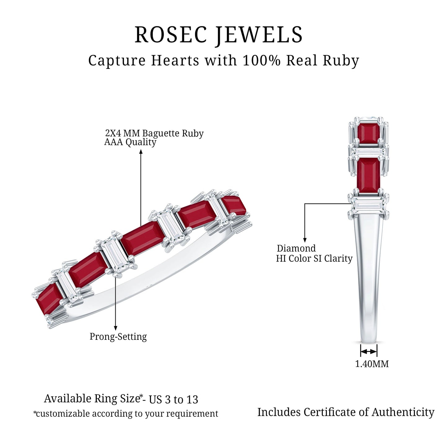 Baguette Cut Ruby Half Eternity Ring with Diamond Accent