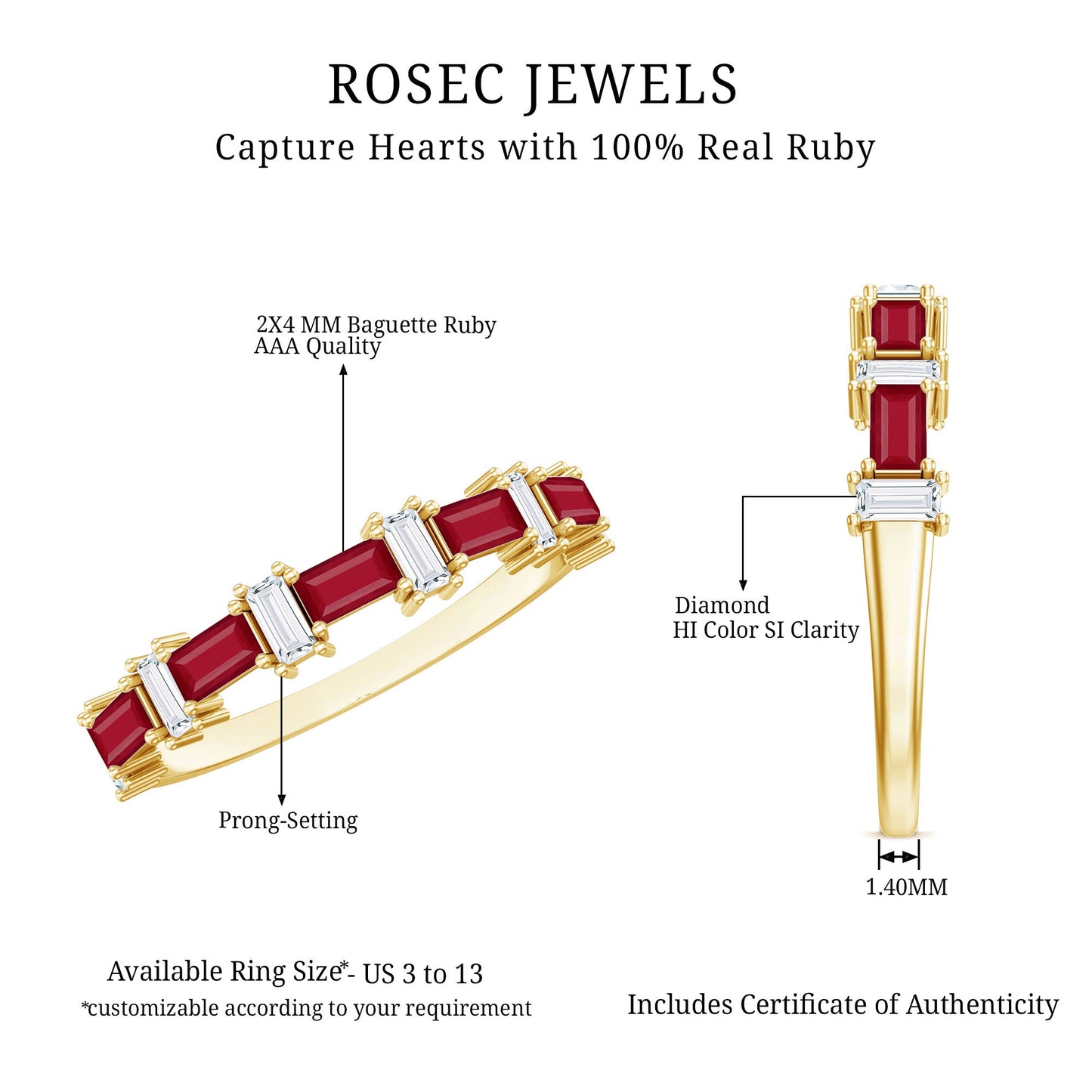 Baguette Cut Ruby Half Eternity Ring with Diamond Accent