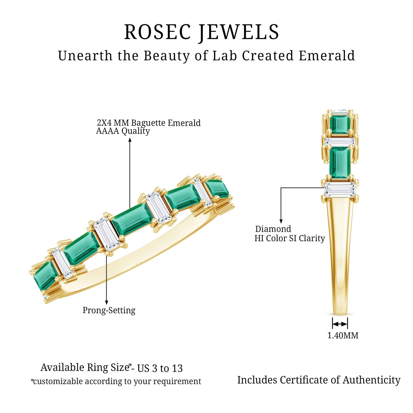 Certified Baguette Lab Grown Emerald Diamond Half Eternity Ring
