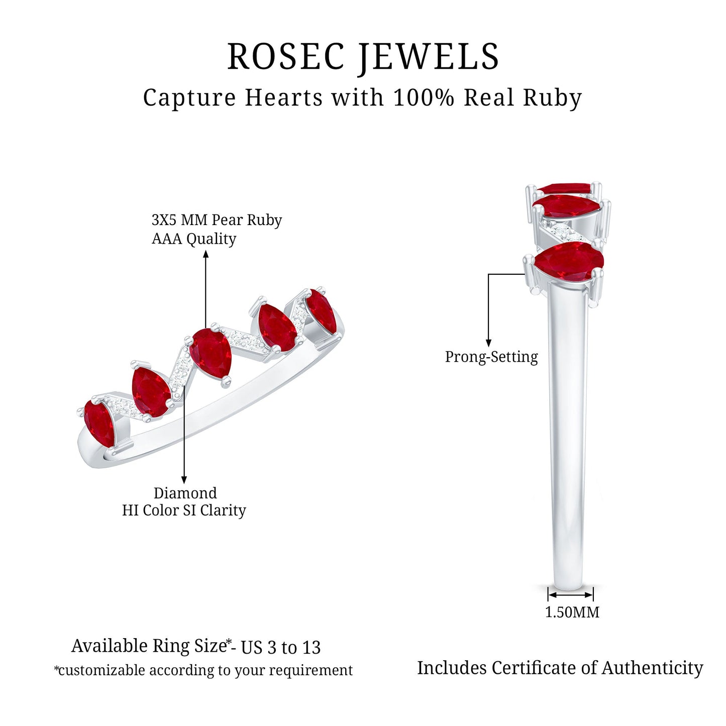 Natural Pear Shape Ruby Half Eternity Ring with Diamond for Women