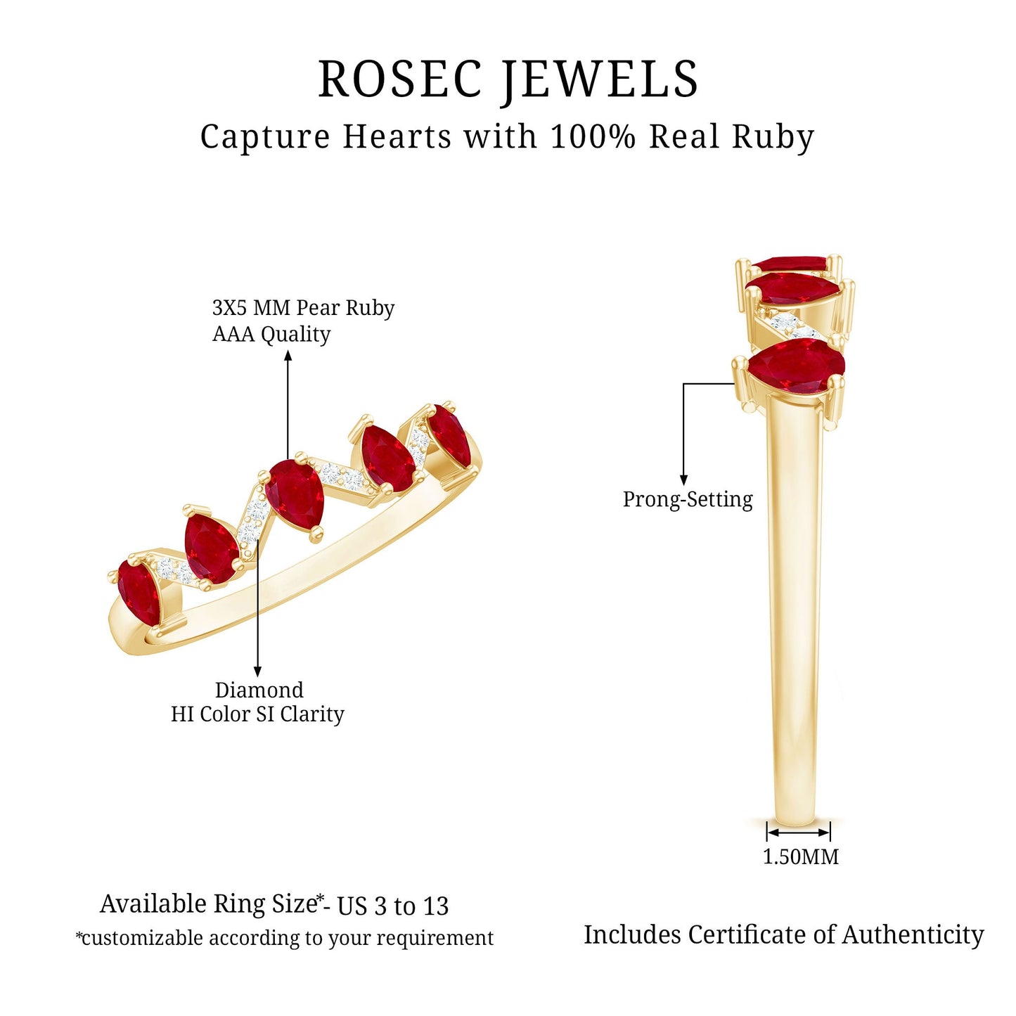 Natural Pear Shape Ruby Half Eternity Ring with Diamond for Women