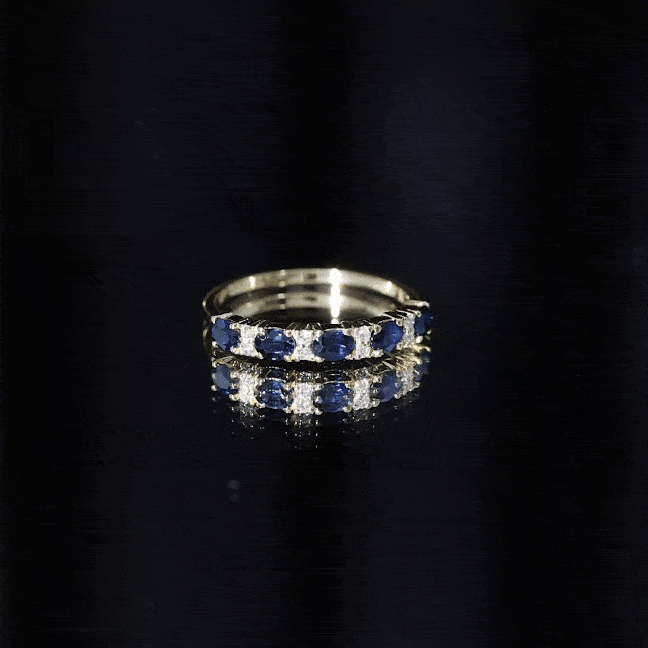 Natural 0.8 Carat Oval Blue Sapphire and Diamond Half Eternity Wedding Band