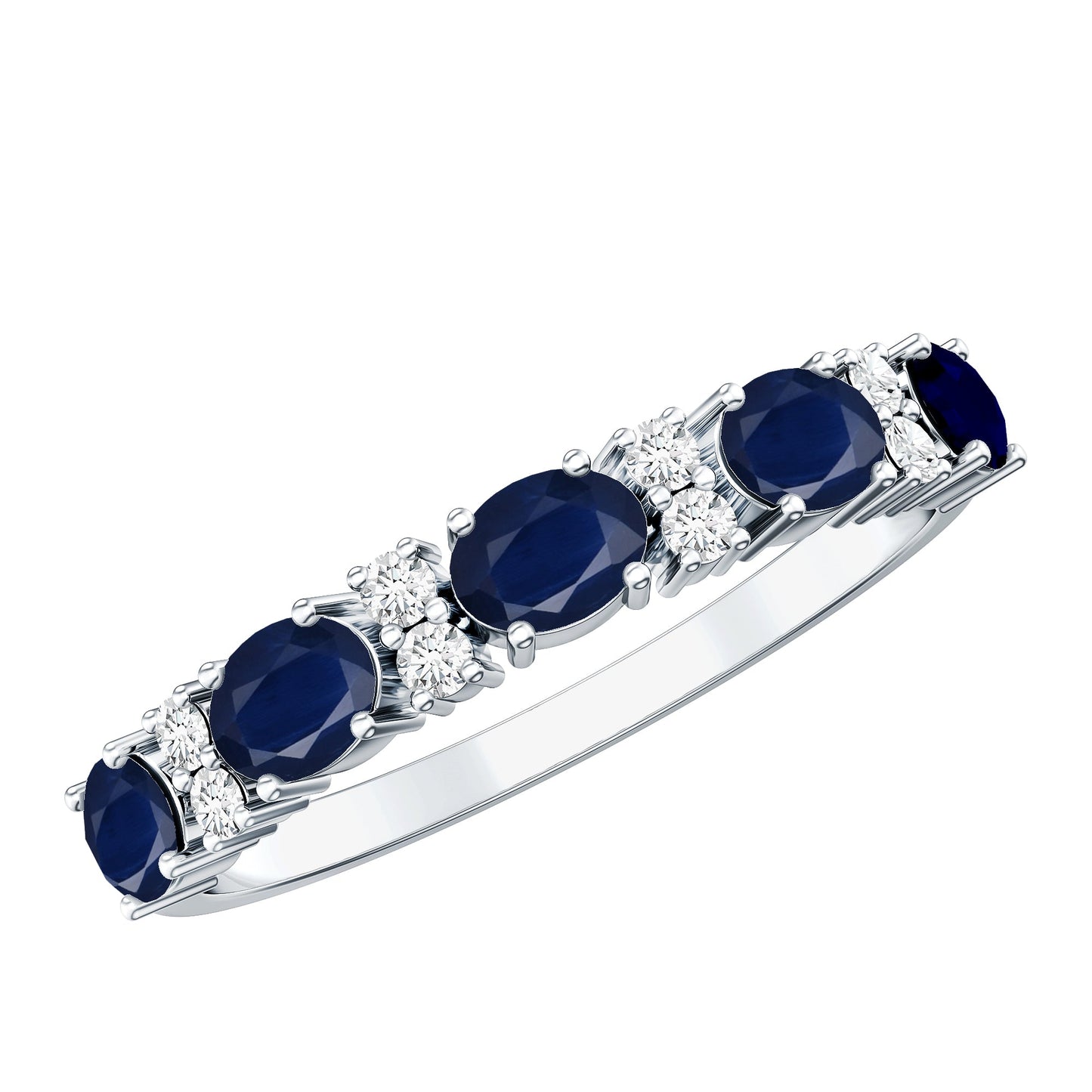 Natural 0.8 Carat Oval Blue Sapphire and Diamond Half Eternity Wedding Band