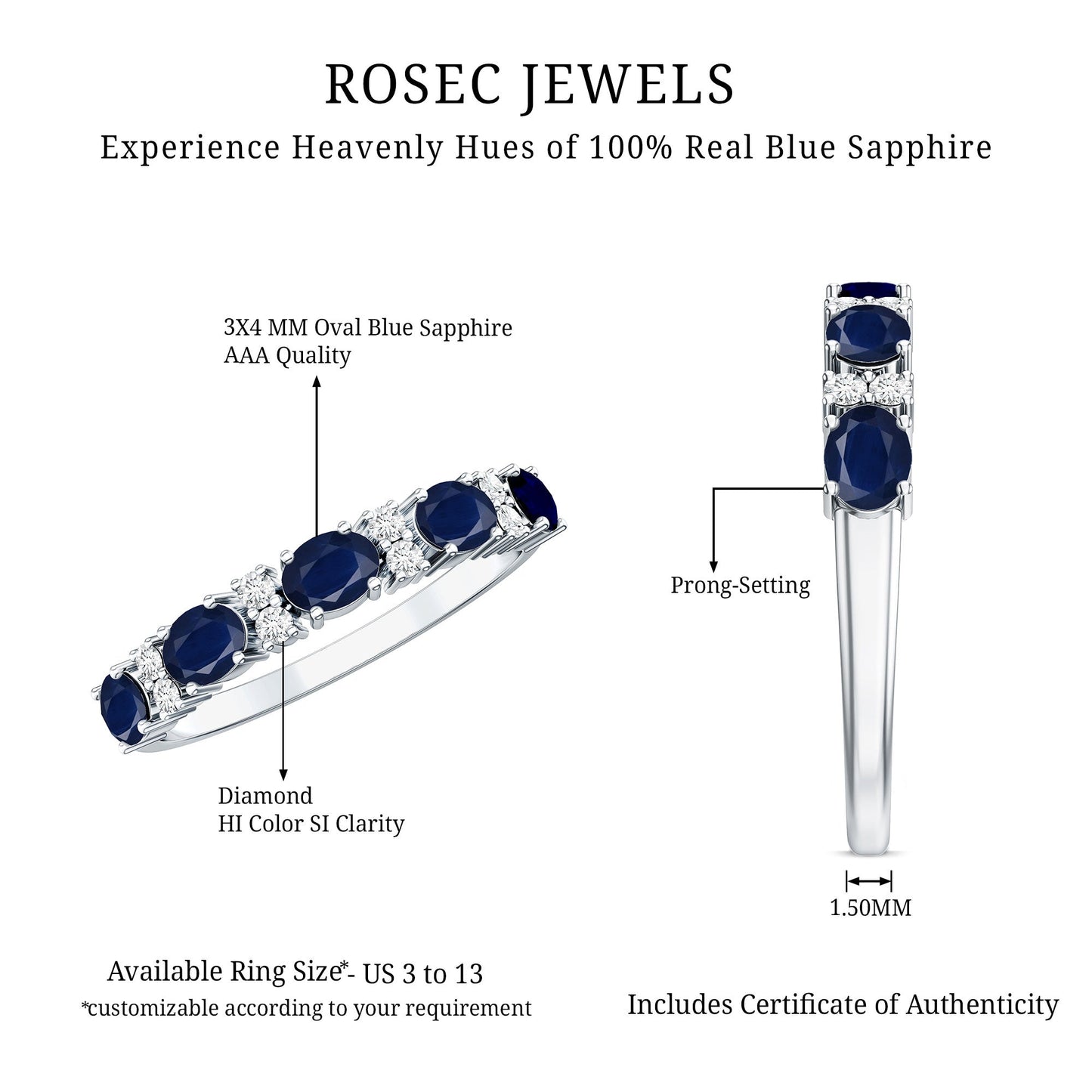 Natural 0.8 Carat Oval Blue Sapphire and Diamond Half Eternity Wedding Band