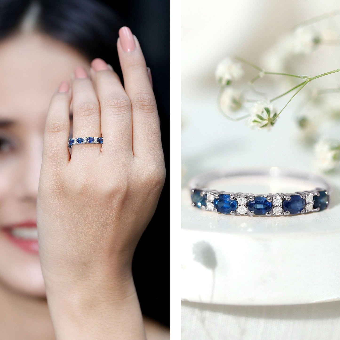 Natural 0.8 Carat Oval Blue Sapphire and Diamond Half Eternity Wedding Band