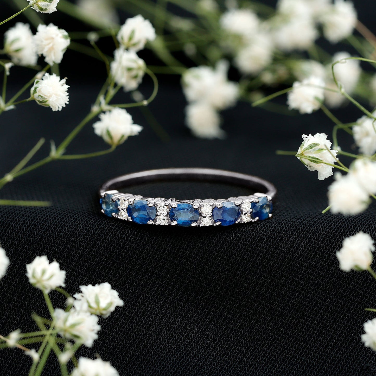 Natural 0.8 Carat Oval Blue Sapphire and Diamond Half Eternity Wedding Band
