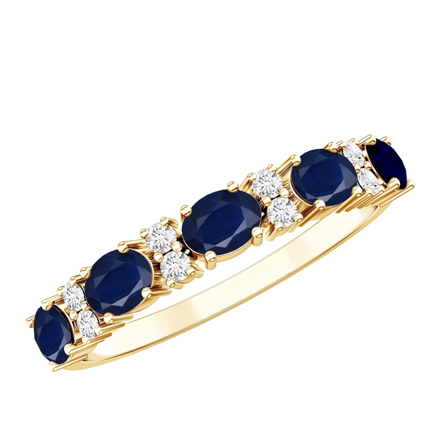 Natural 0.8 Carat Oval Blue Sapphire and Diamond Half Eternity Wedding Band