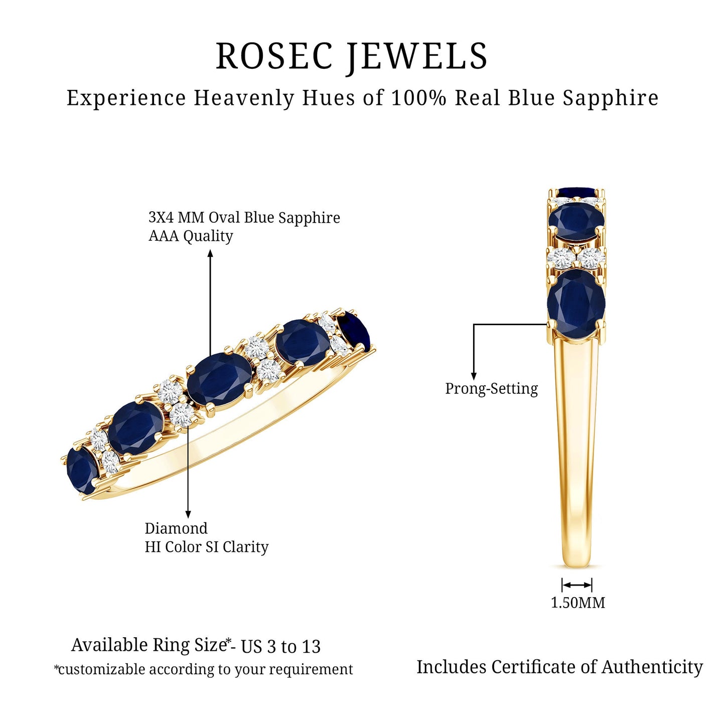 Natural 0.8 Carat Oval Blue Sapphire and Diamond Half Eternity Wedding Band