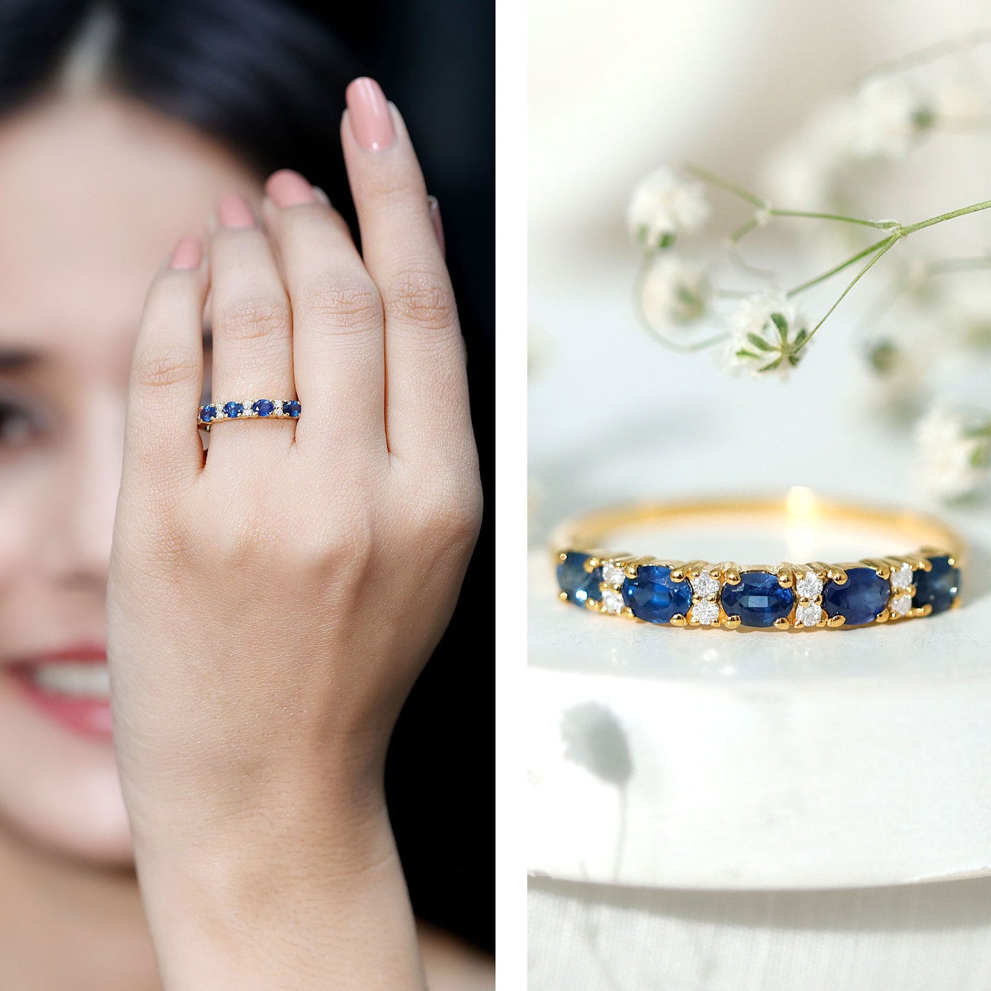 Natural 0.8 Carat Oval Blue Sapphire and Diamond Half Eternity Wedding Band