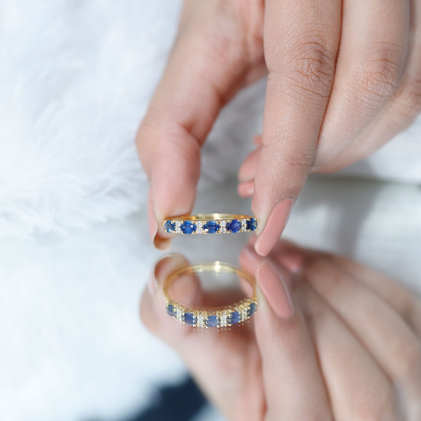 Natural 0.8 Carat Oval Blue Sapphire and Diamond Half Eternity Wedding Band