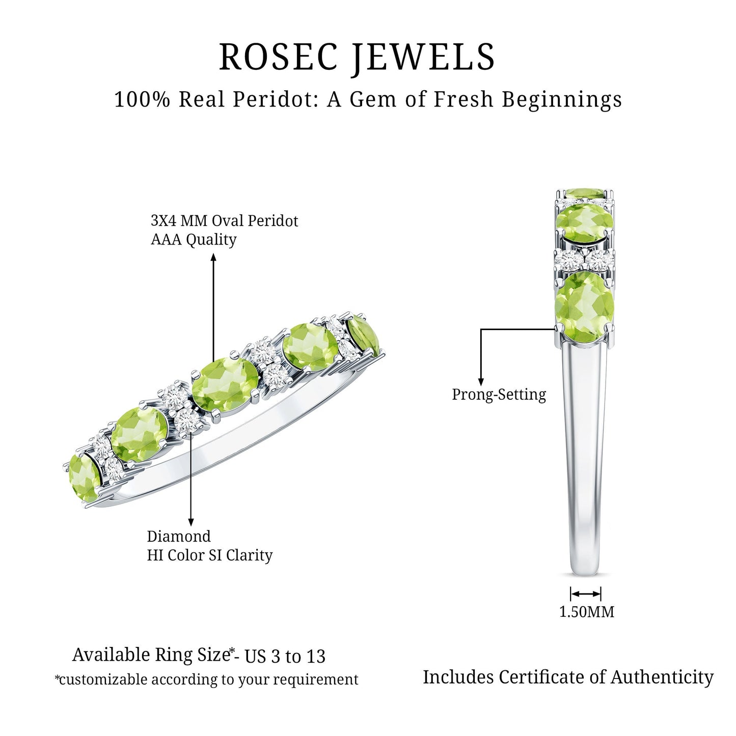 Natural Oval Peridot Diamond Half Eternity Ring in East West Style