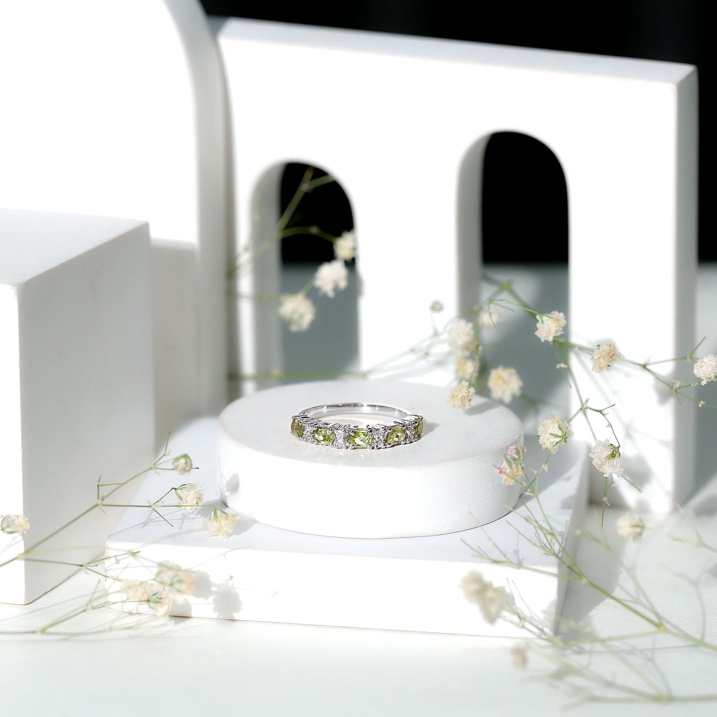 Natural Oval Peridot Diamond Half Eternity Ring in East West Style