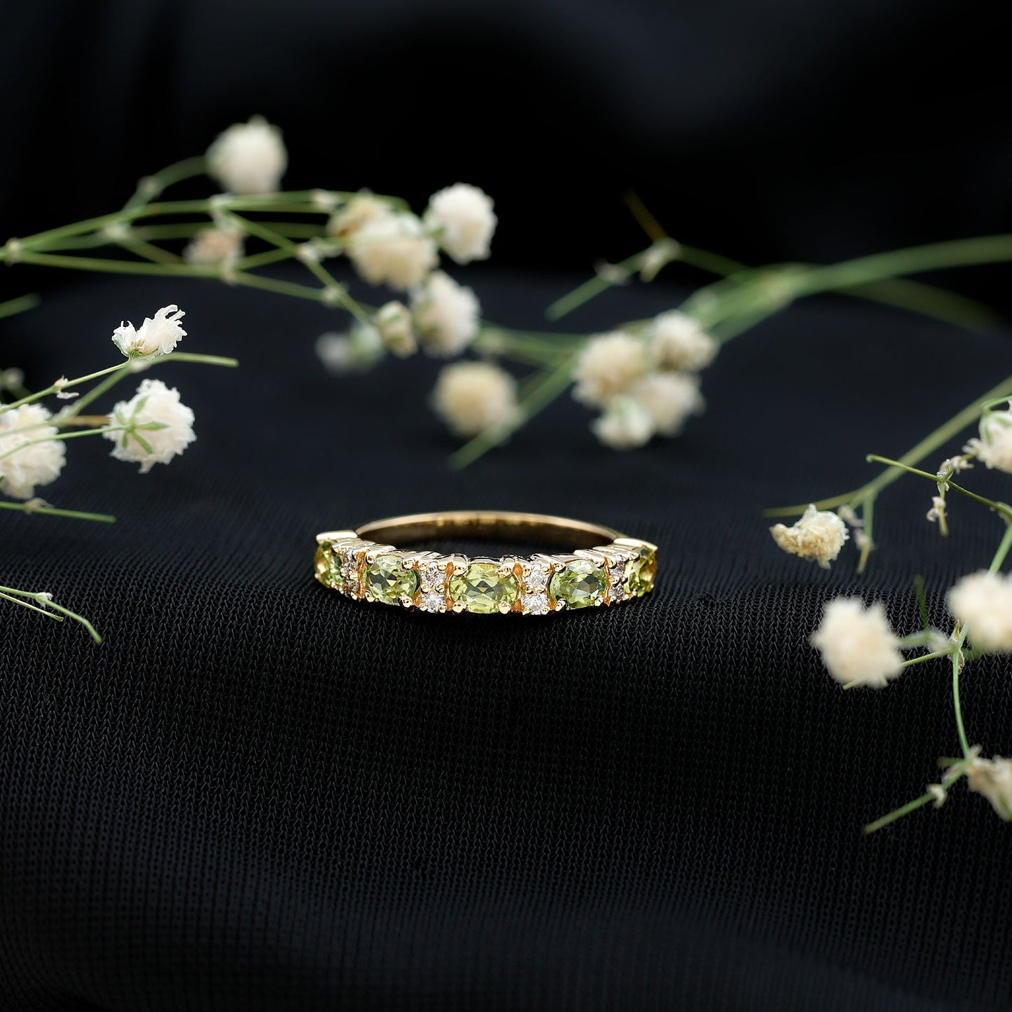 Natural Oval Peridot Diamond Half Eternity Ring in East West Style