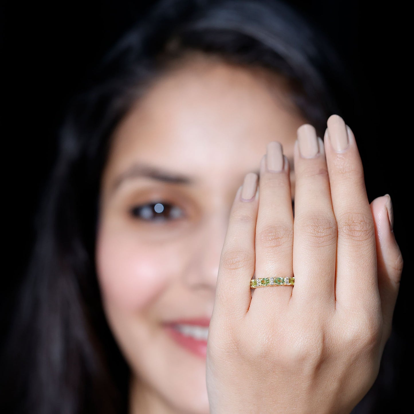 Natural Oval Peridot Diamond Half Eternity Ring in East West Style