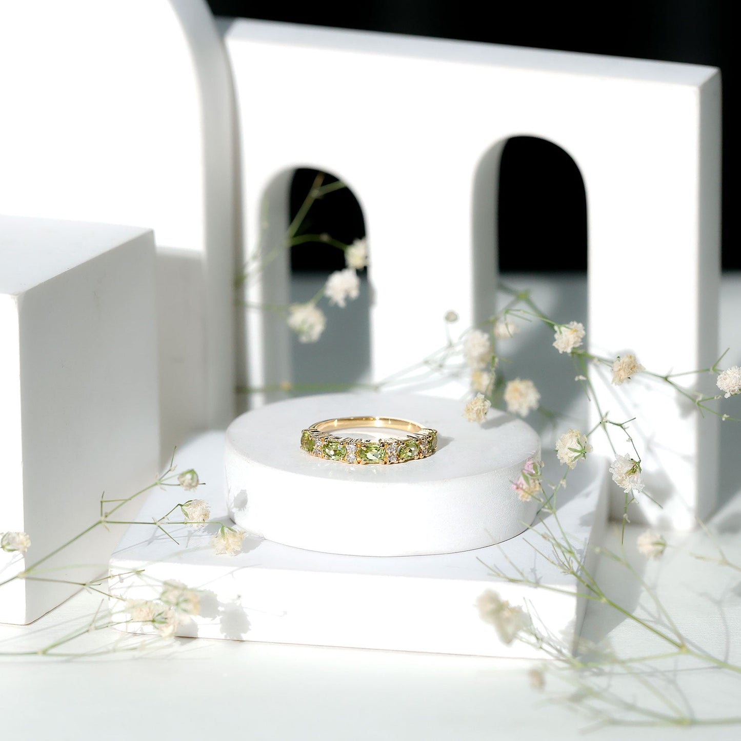 Natural Oval Peridot Diamond Half Eternity Ring in East West Style
