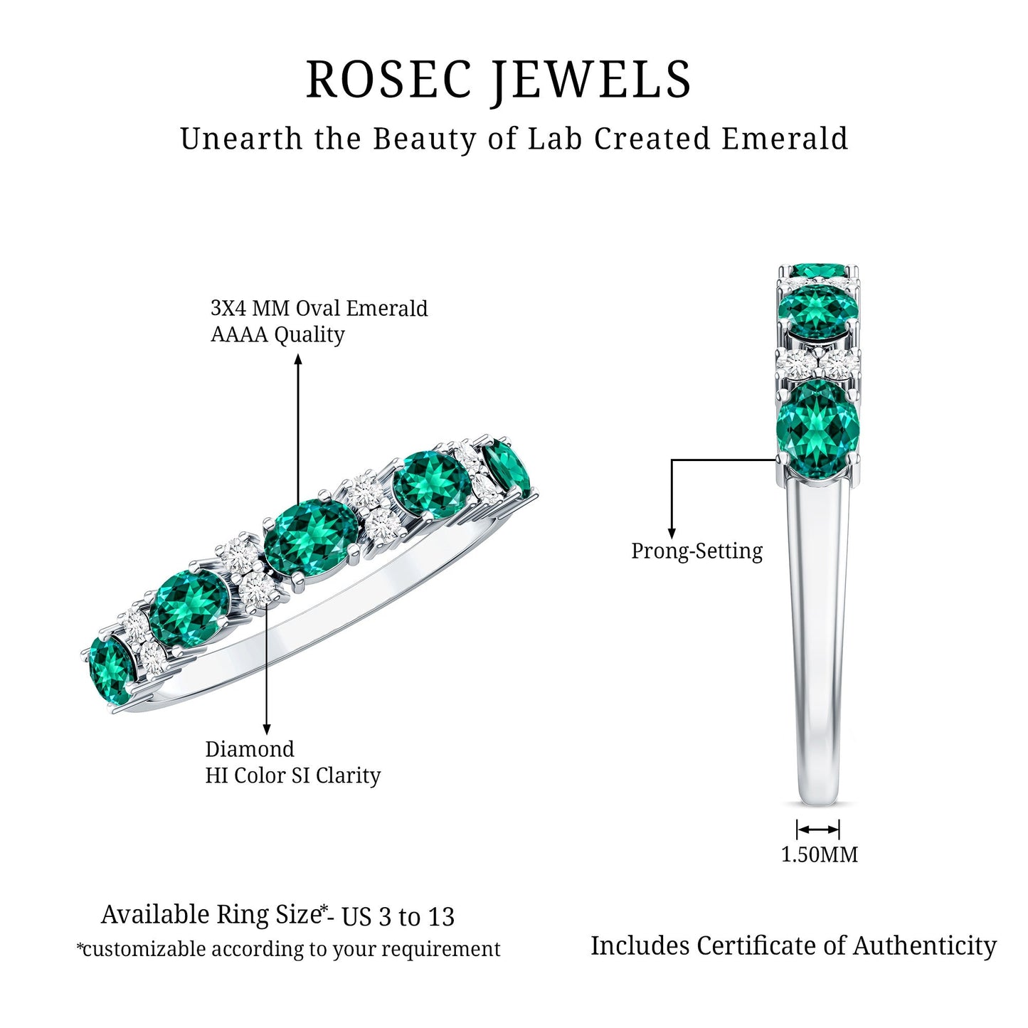 Certified Oval Lab Grown Emerald Half Eternity Ring with Diamond
