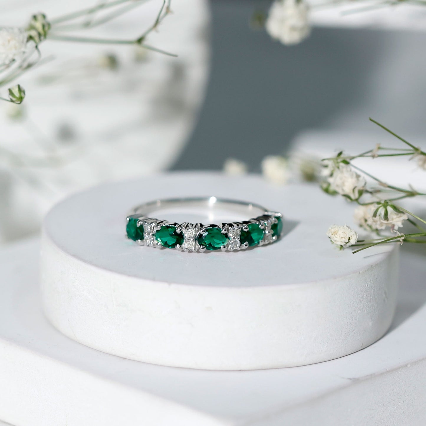 Certified Oval Lab Grown Emerald Half Eternity Ring with Diamond