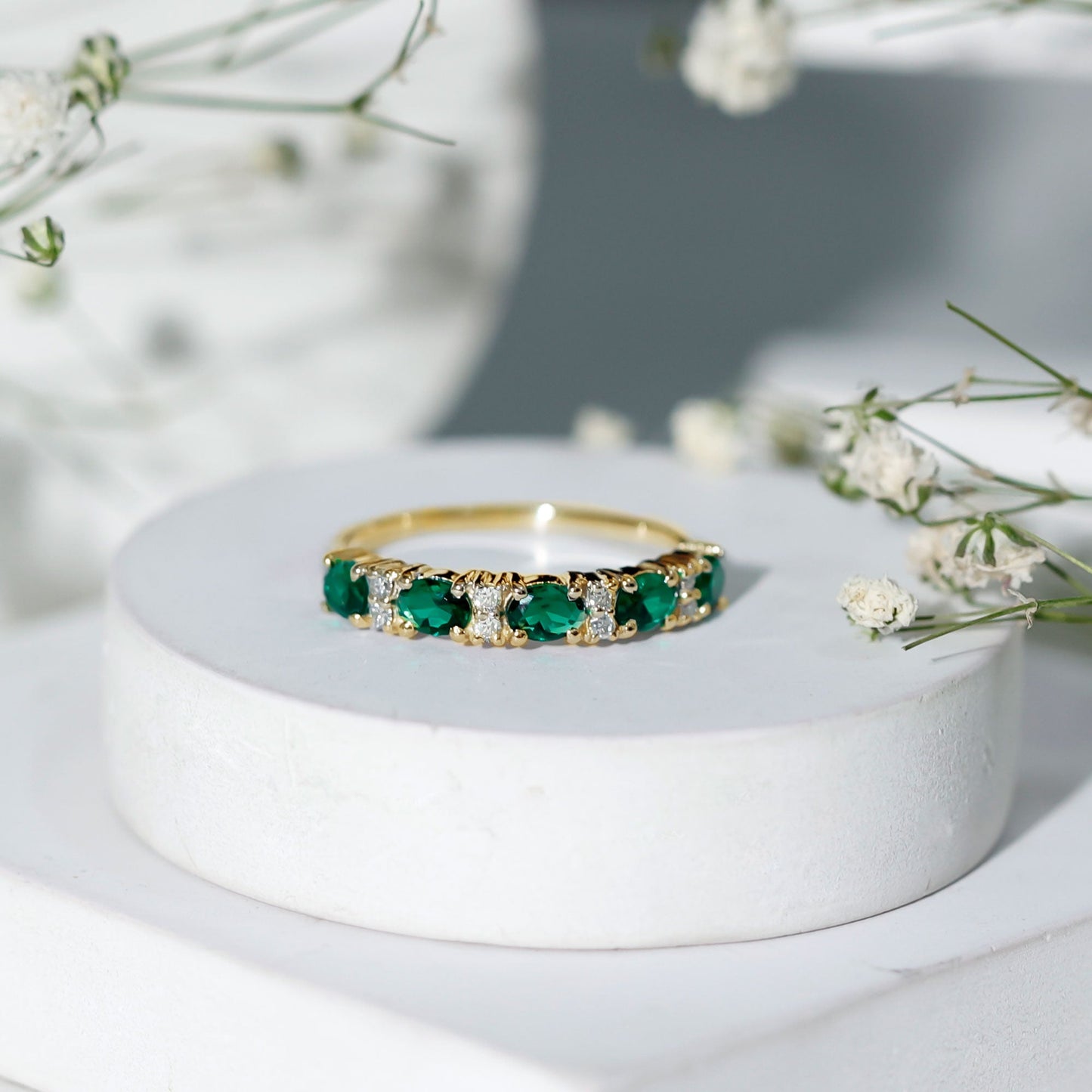 Certified Oval Lab Grown Emerald Half Eternity Ring with Diamond