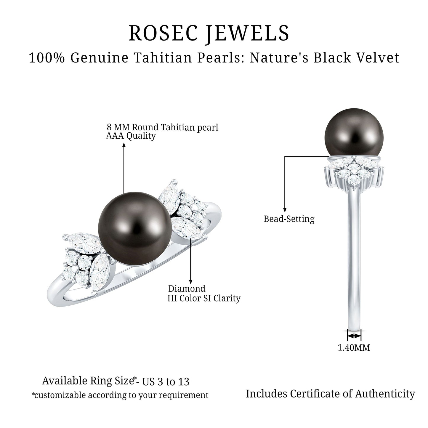 Nature Inspired Tahitian Pearl Engagement Ring with Diamond