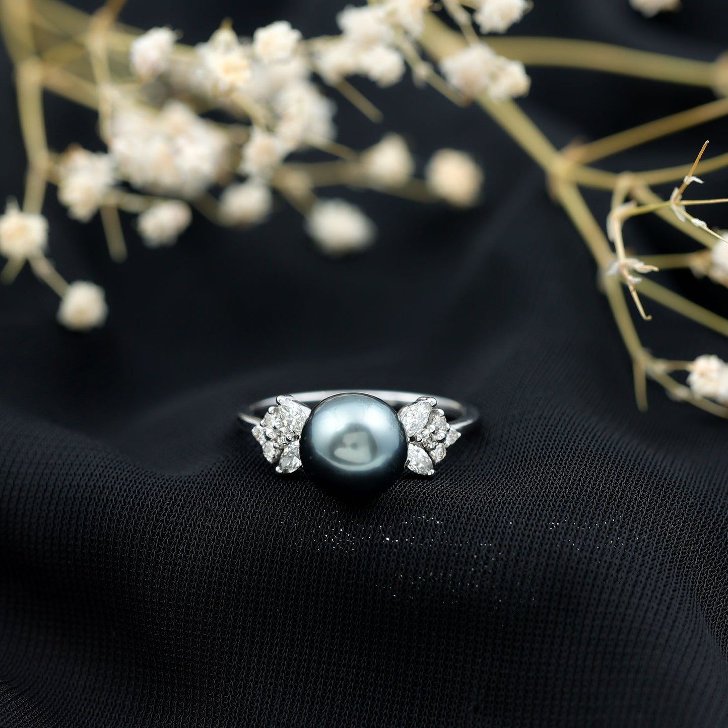 Nature Inspired Tahitian Pearl Engagement Ring with Diamond