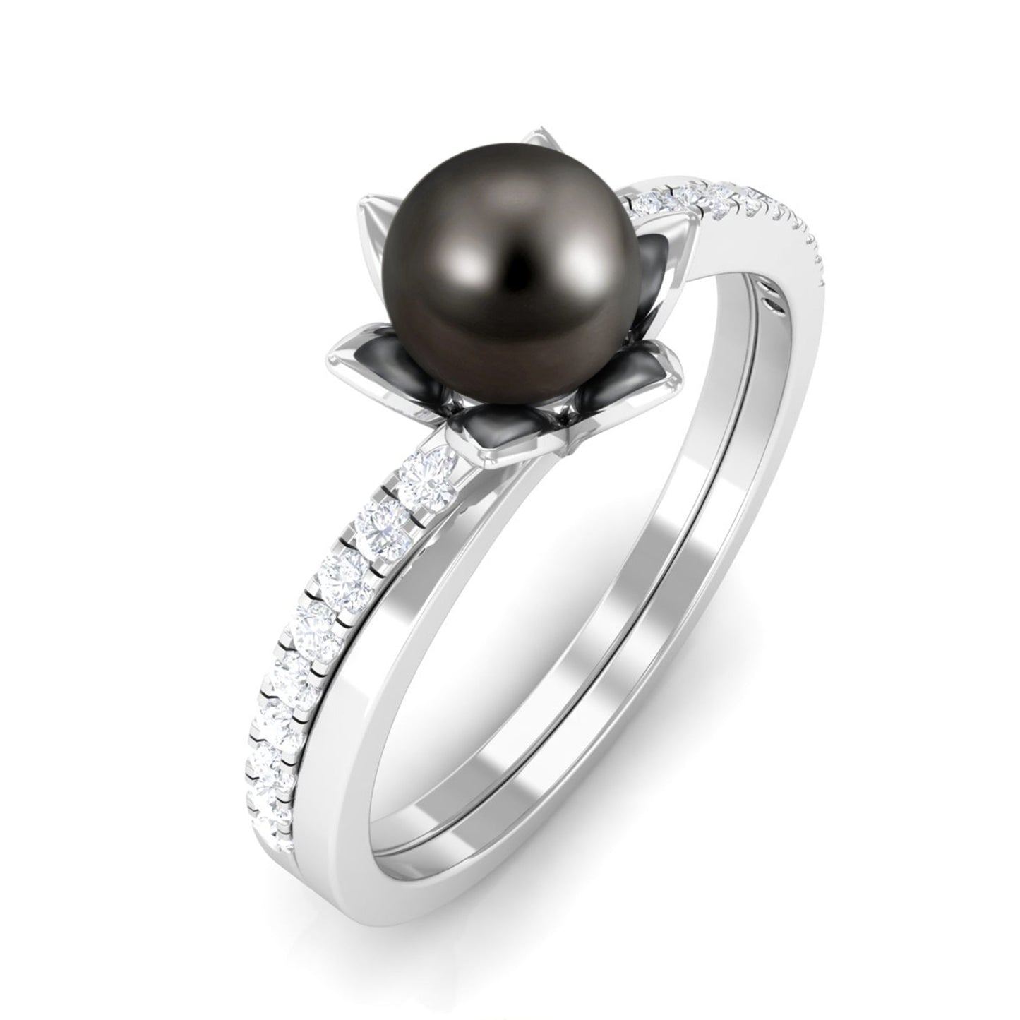 Tahitian Pearl and Diamond Flower Bypass Ring