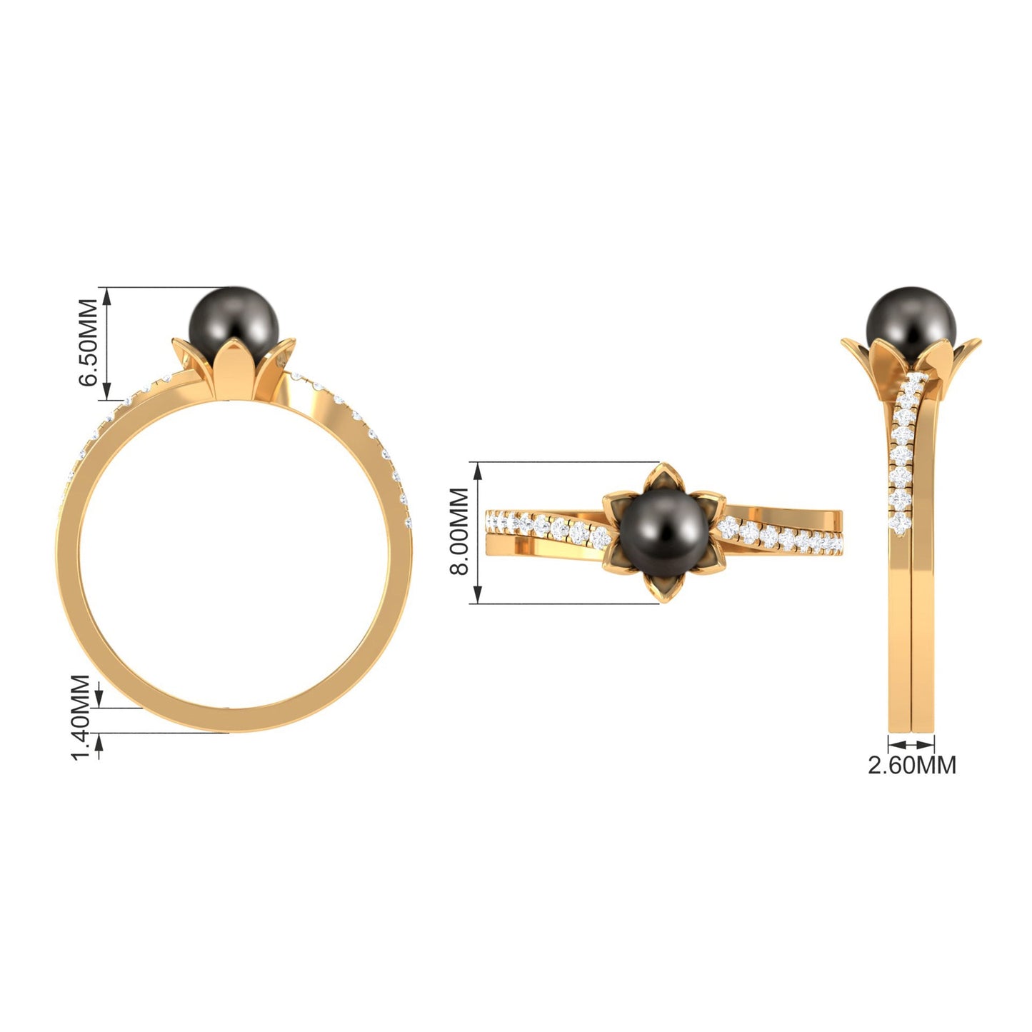 Tahitian Pearl and Diamond Flower Bypass Ring