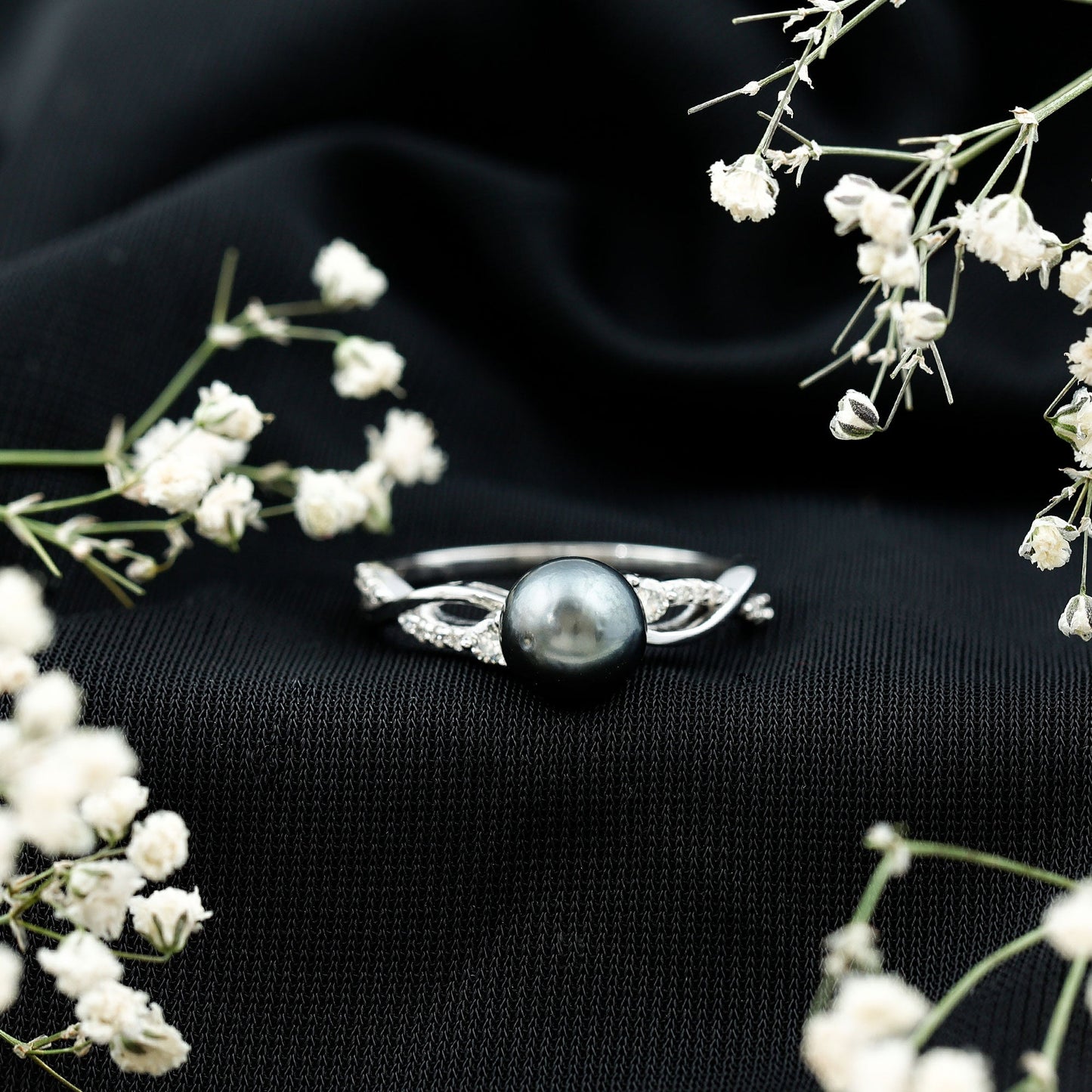 Tahitian Pearl and Diamond Crossover Engagement Ring