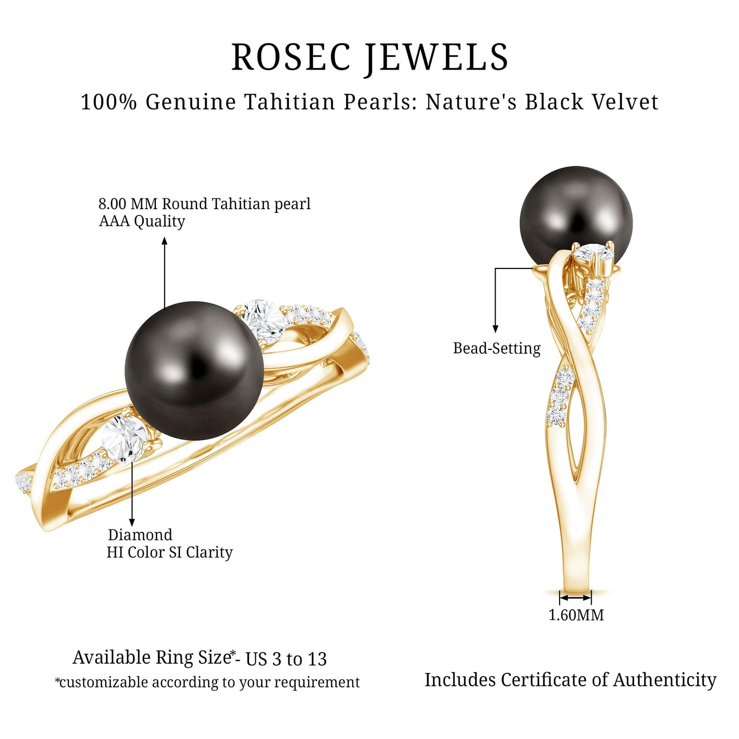 Tahitian Pearl and Diamond Crossover Engagement Ring