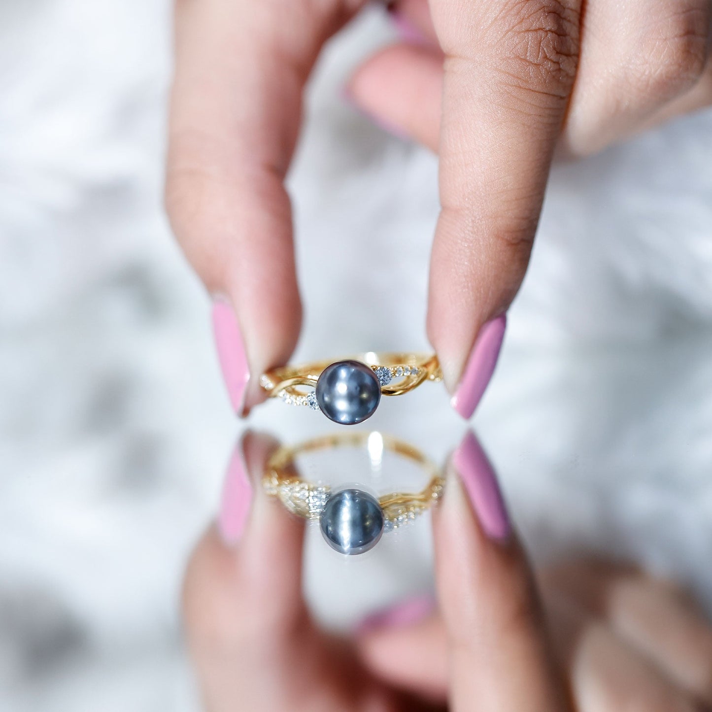 Tahitian Pearl and Diamond Crossover Engagement Ring