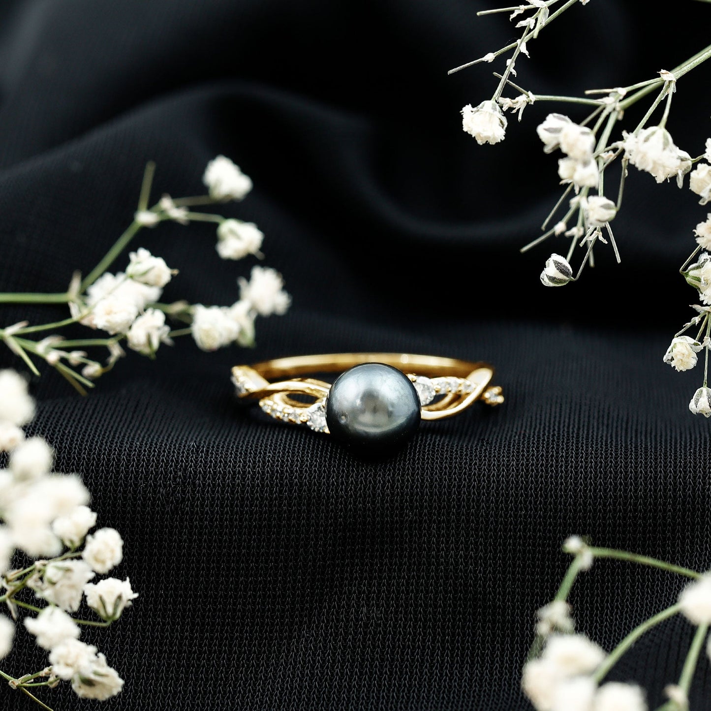 Tahitian Pearl and Diamond Crossover Engagement Ring