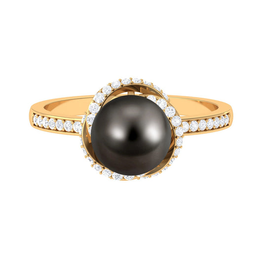 Simple Tahitian Pearl Solitaire Ring with Diamond Swirl