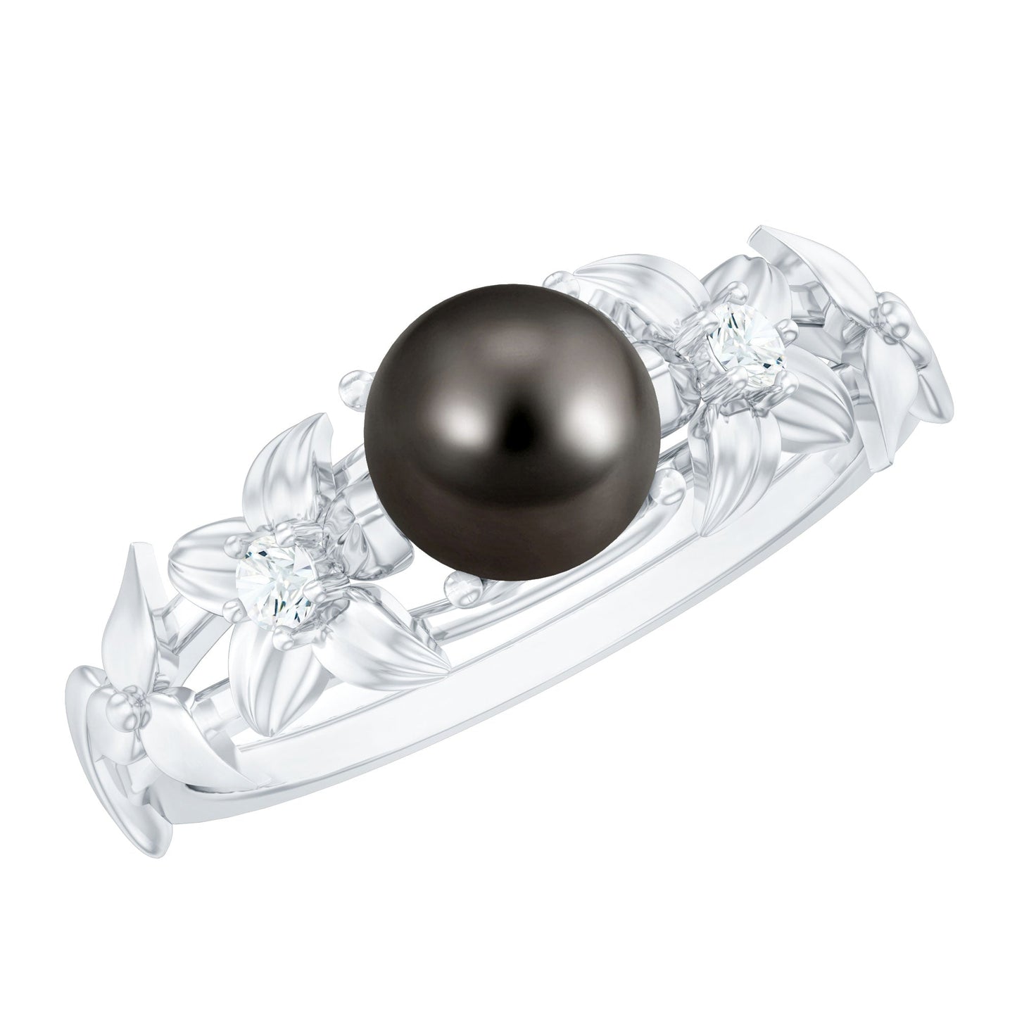 7.5 Carat Genuine Tahitian Black Pearl Flower Engagement Ring with Diamond