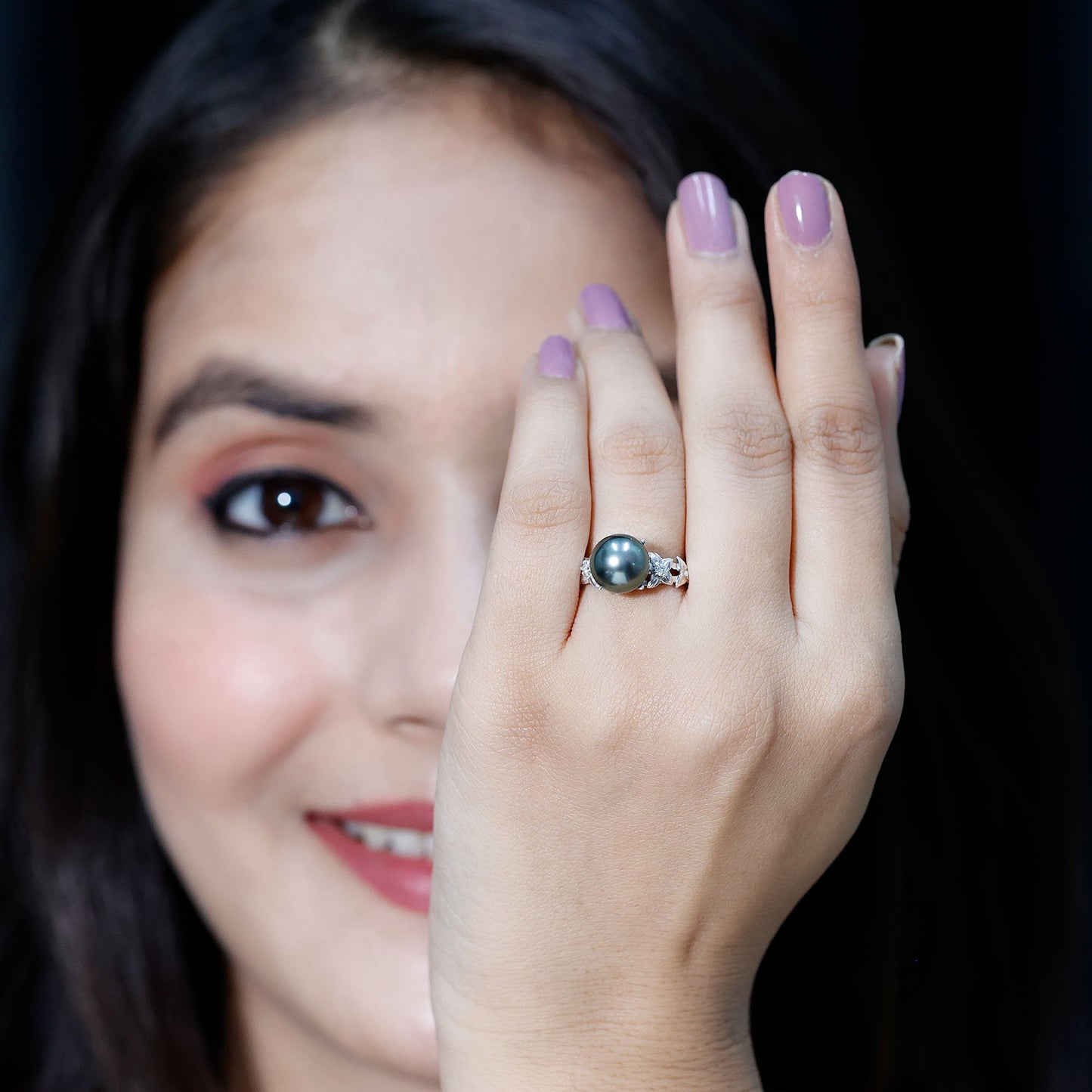 7.5 Carat Genuine Tahitian Black Pearl Flower Engagement Ring with Diamond