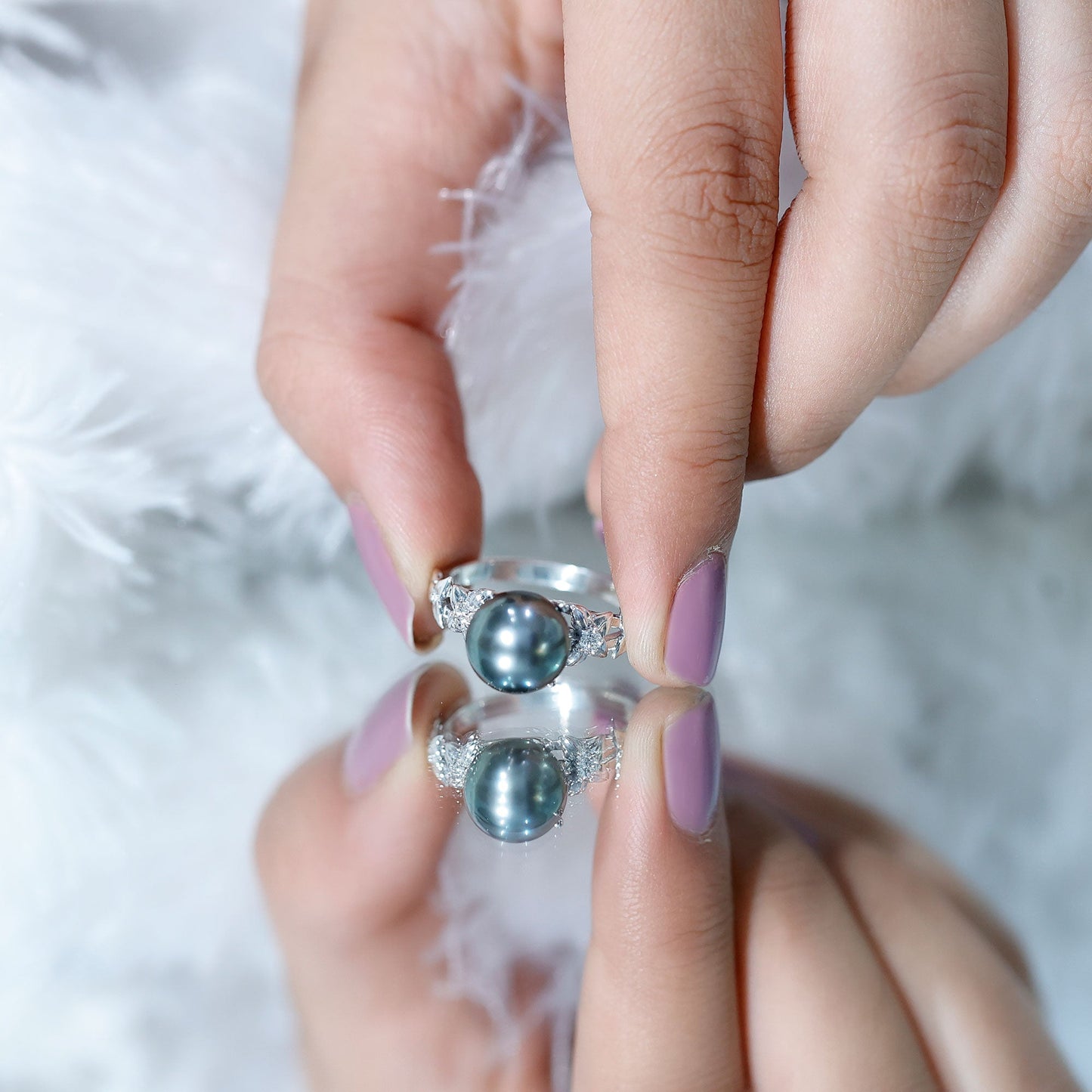7.5 Carat Genuine Tahitian Black Pearl Flower Engagement Ring with Diamond