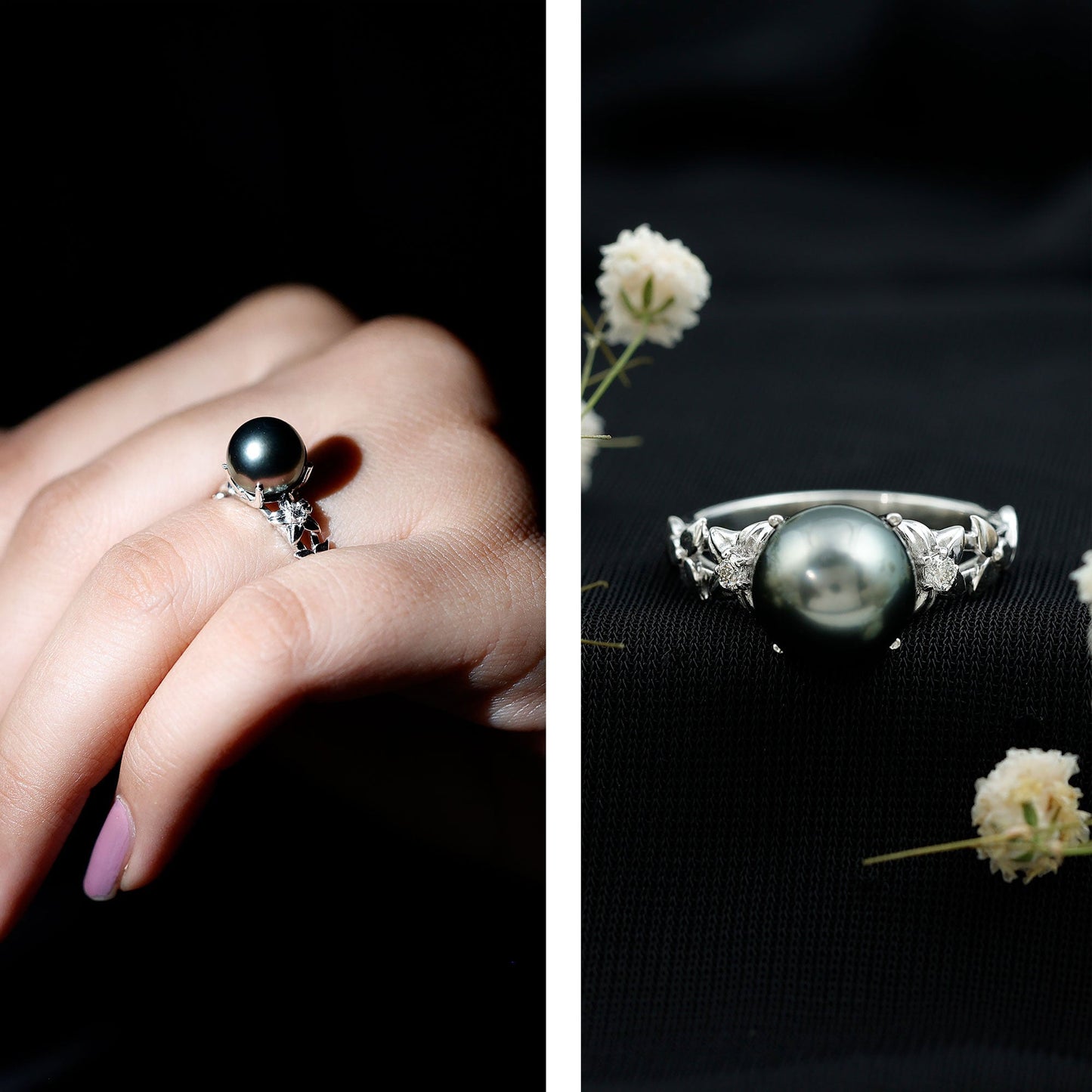 7.5 Carat Genuine Tahitian Black Pearl Flower Engagement Ring with Diamond