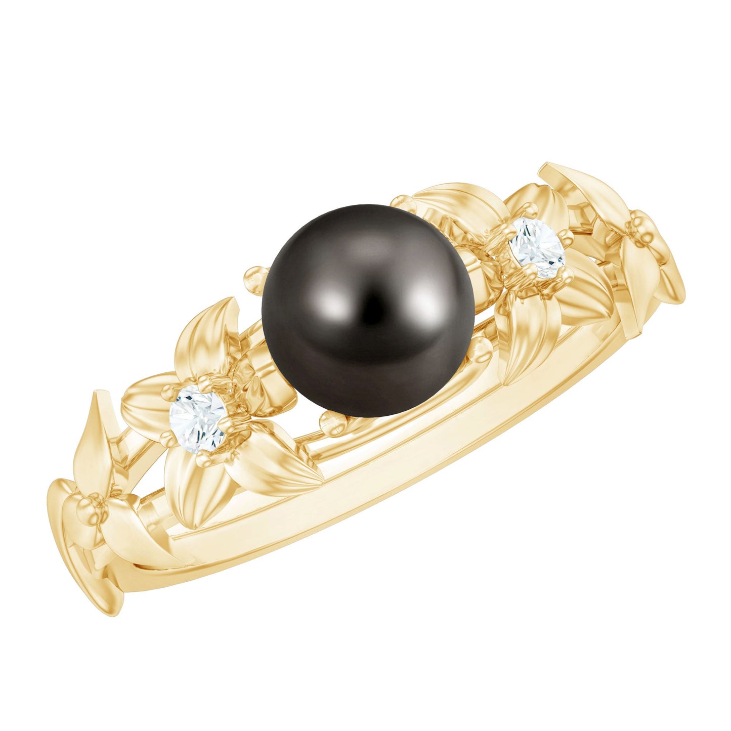 7.5 Carat Genuine Tahitian Black Pearl Flower Engagement Ring with Diamond