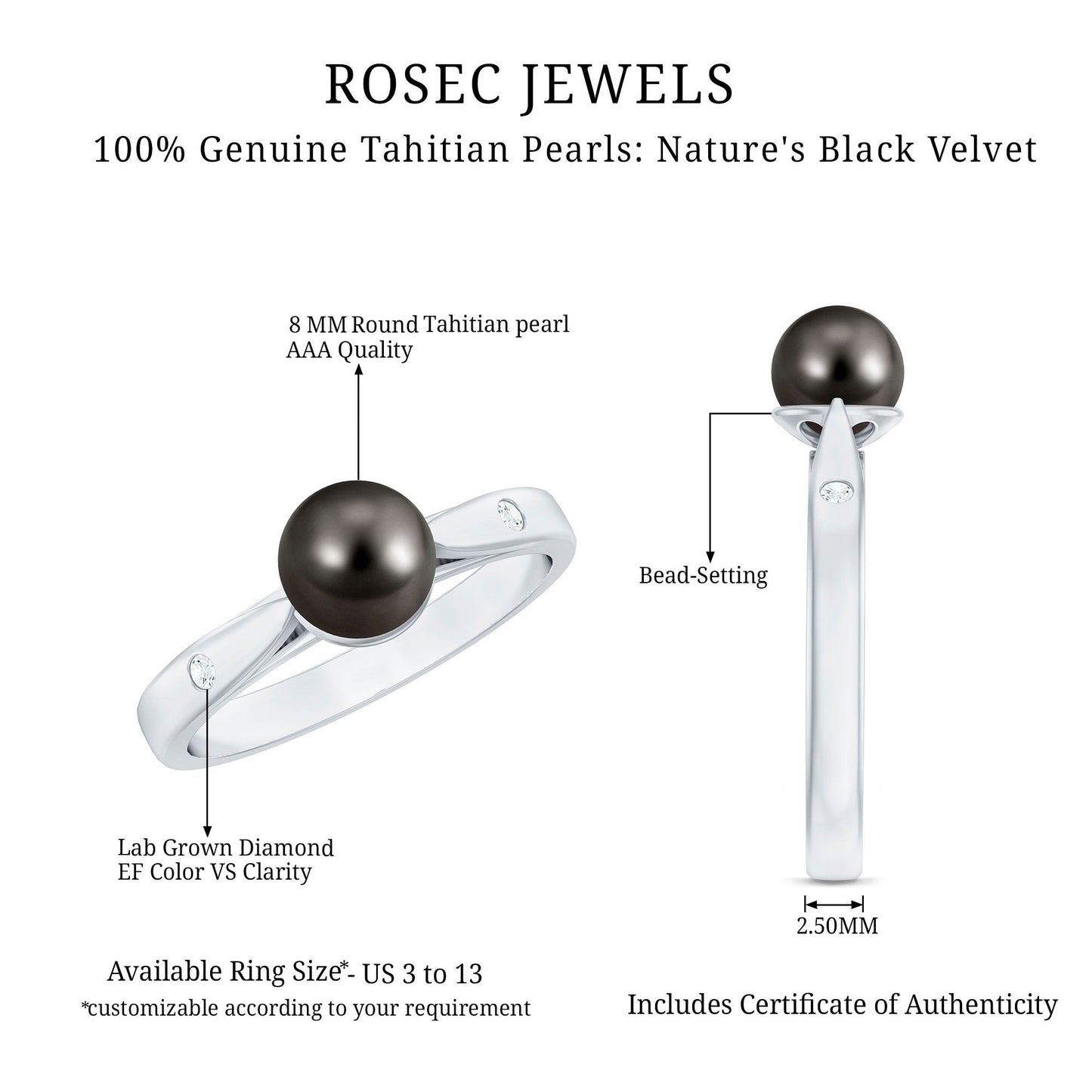 Solitaire Black Tahitian Pearl Engagement Ring with Certificate