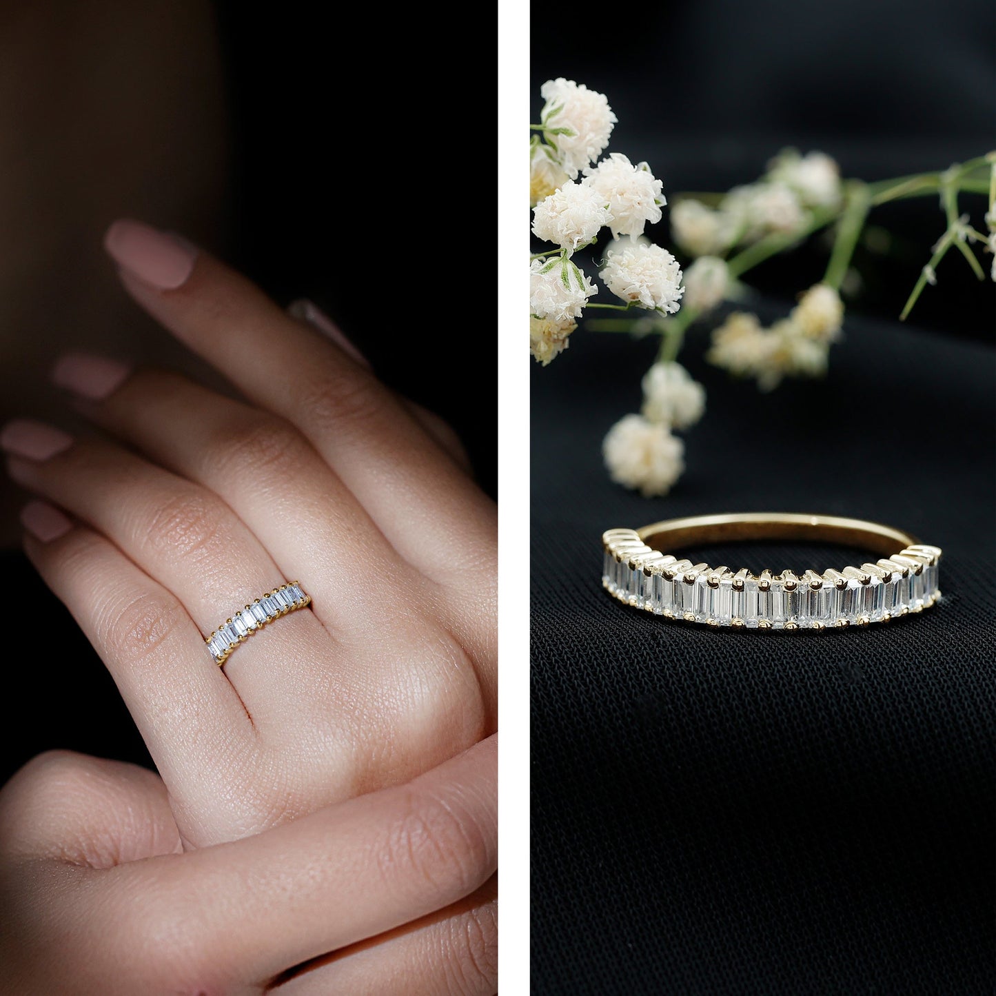 Certified Baguette Cut Moissanite Half Eternity Band Ring